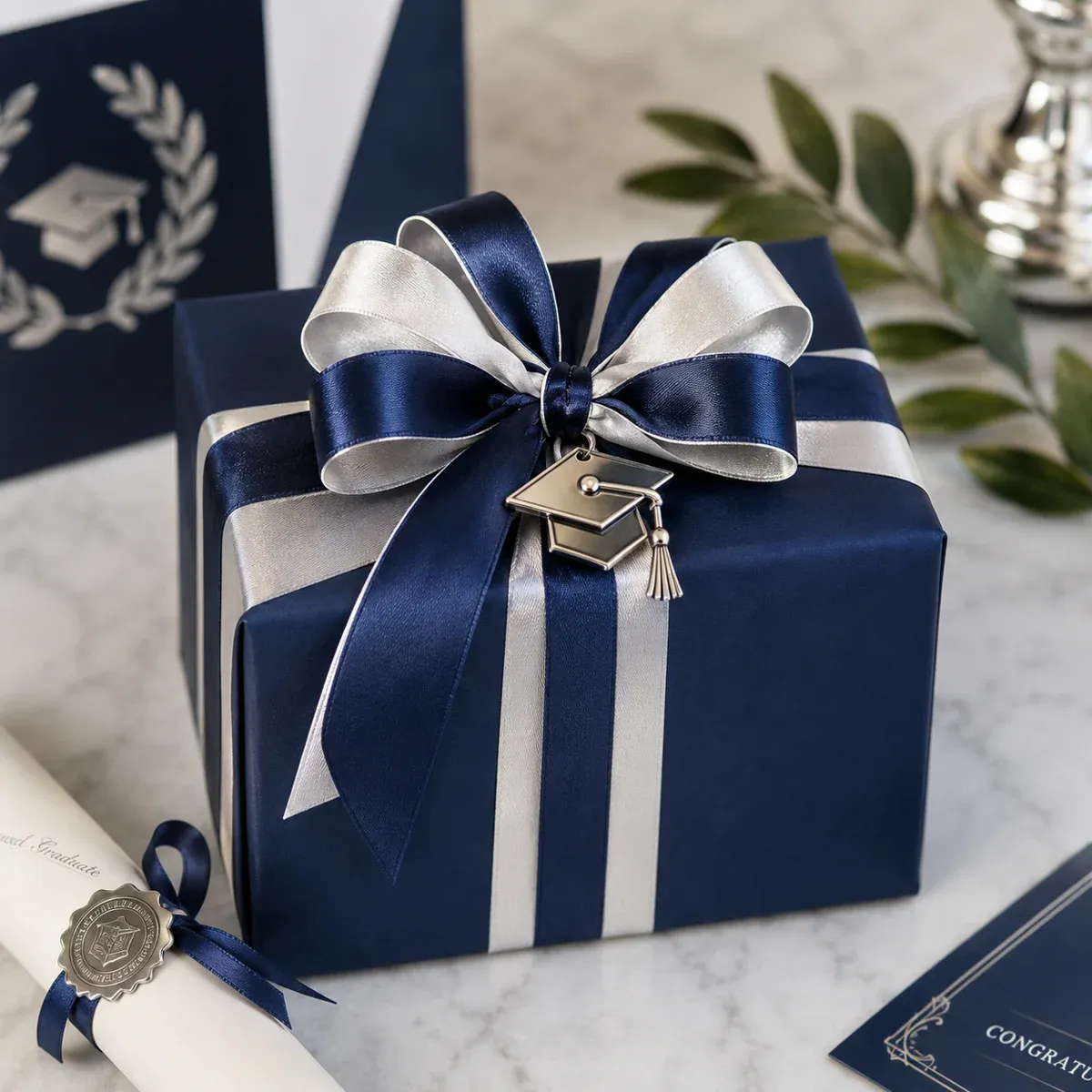 Eine Frau öffnet lächelnd ein liebevoll verpacktes Geschenk mit rosa Flatlay-Deko