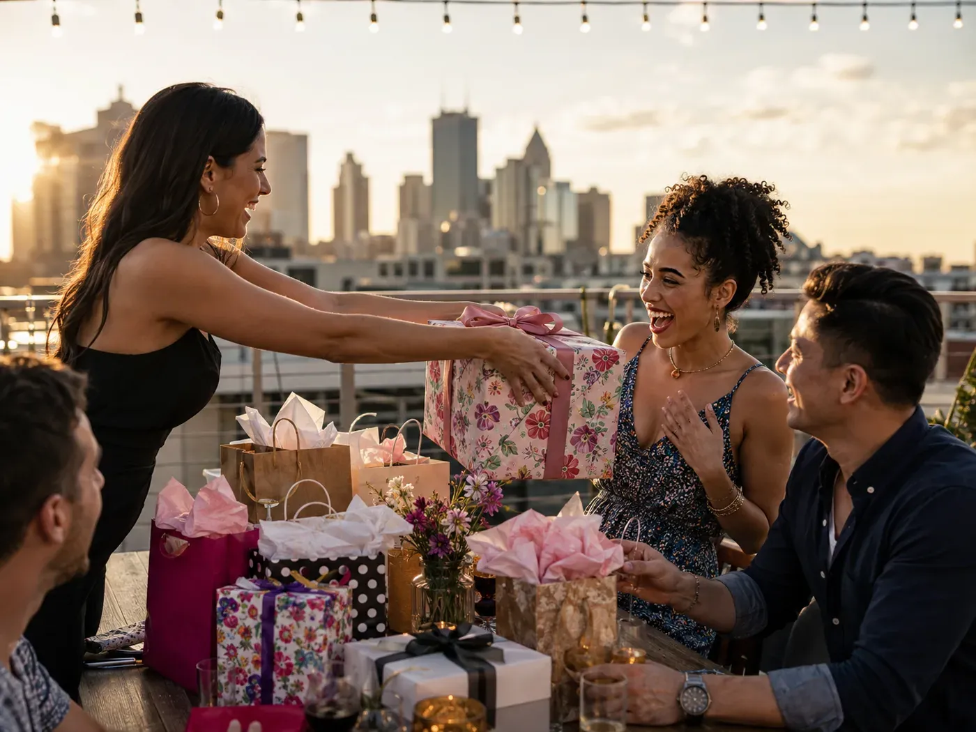 Eine Gruppe von Freundinnen und Freunden übergibt sich bei einer Dachterrassenparty am Abend ein Geschenk