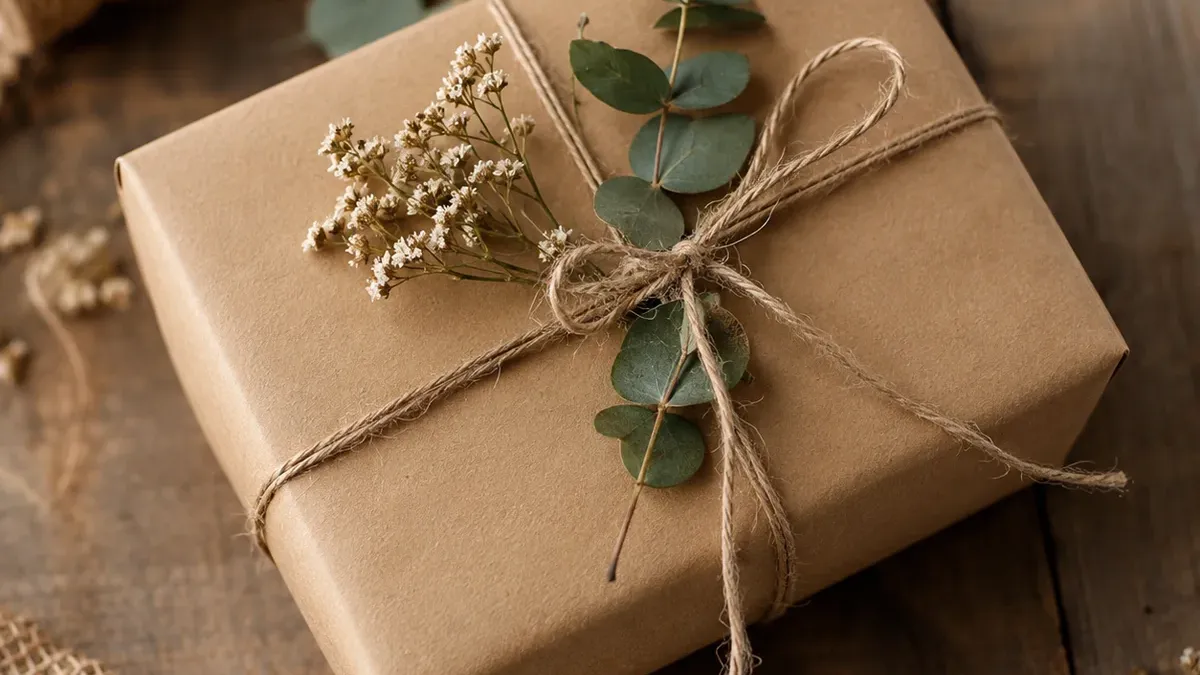 Elegant in Kraftpapier verpacktes Geschenk mit Eukalyptuszweig und getrockneten Blüten