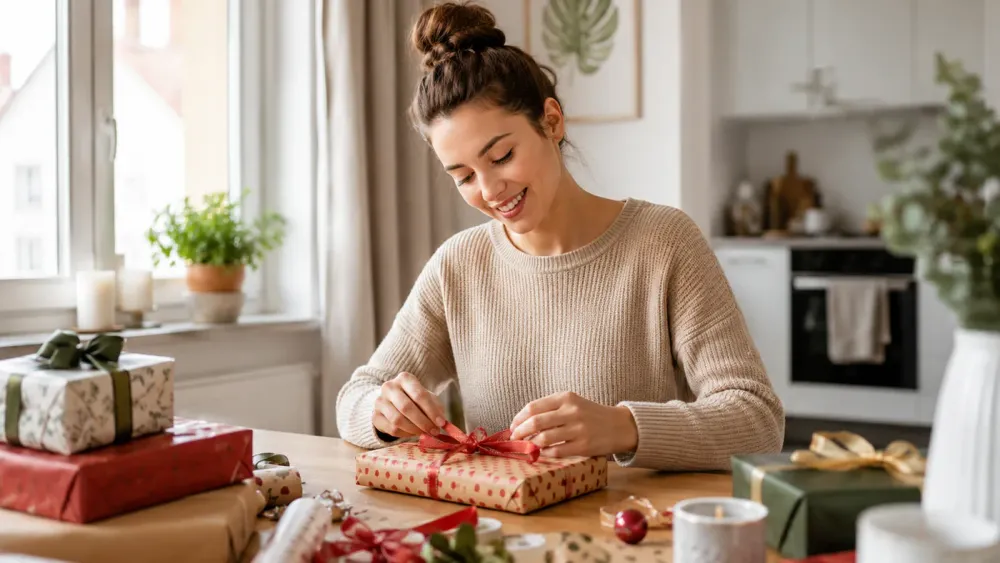 Frau verpackt liebevoll ein personalisiertes Geschenk