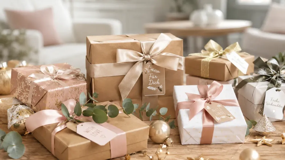 Elegant verpackte Geschenke mit Anhängern 'Für Dich' und 'Alles Liebe'