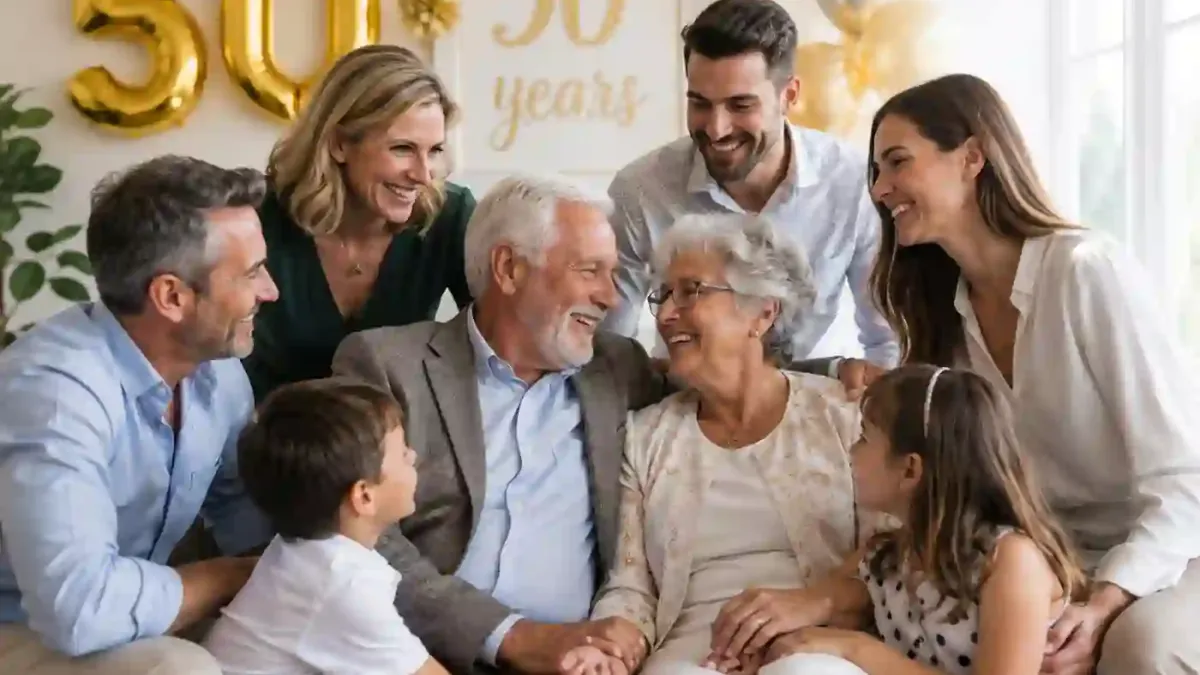 Eine mehrgenerationale Familie feiert gemeinsam eine goldene Hochzeit mit goldenen '50'-Ballons