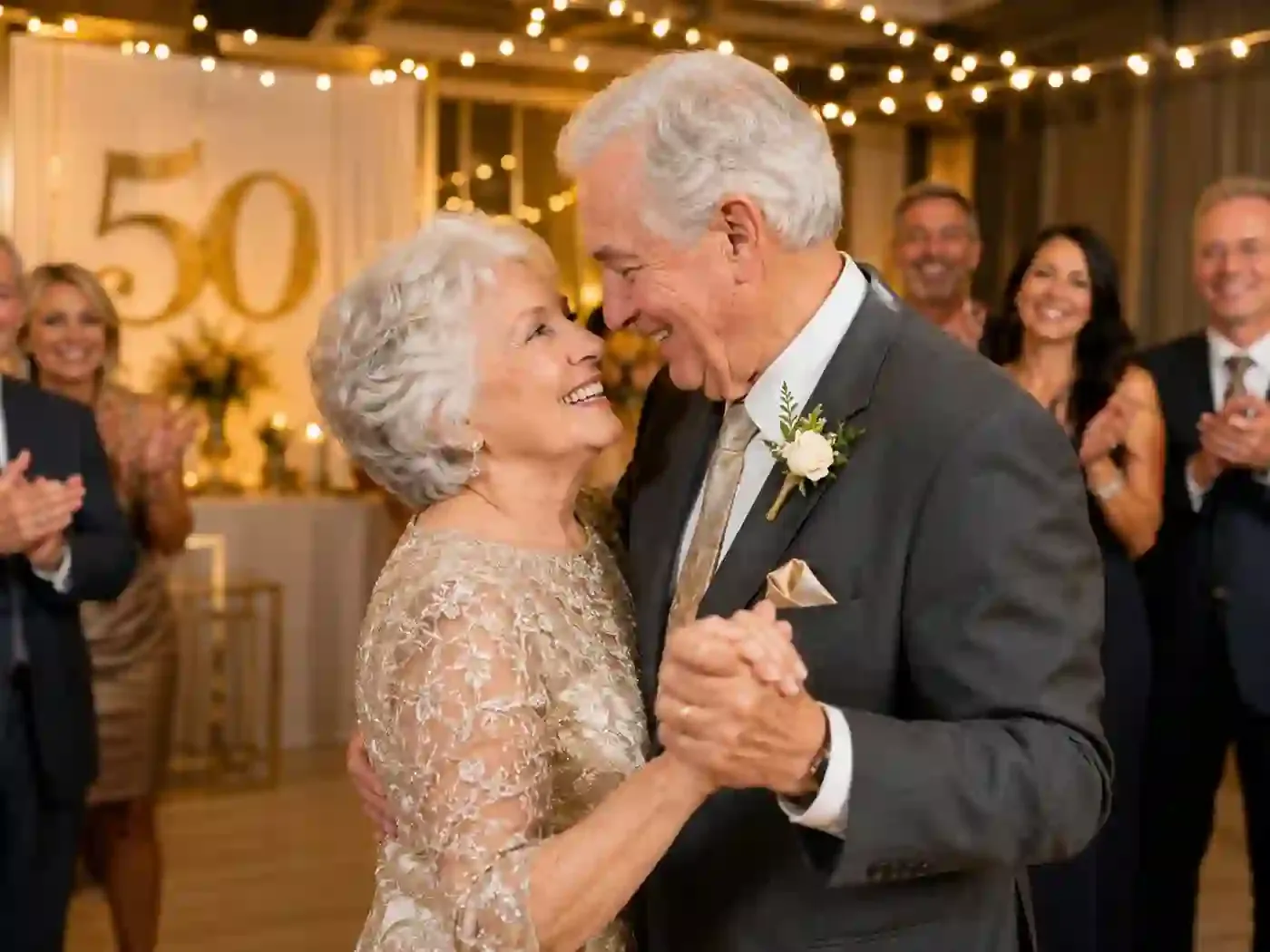 Eine große mehrgenerationale Familie feiert gemeinsam am Esstisch eine goldene Hochzeit mit dem Banner ‘Happy 50th Anniversary’