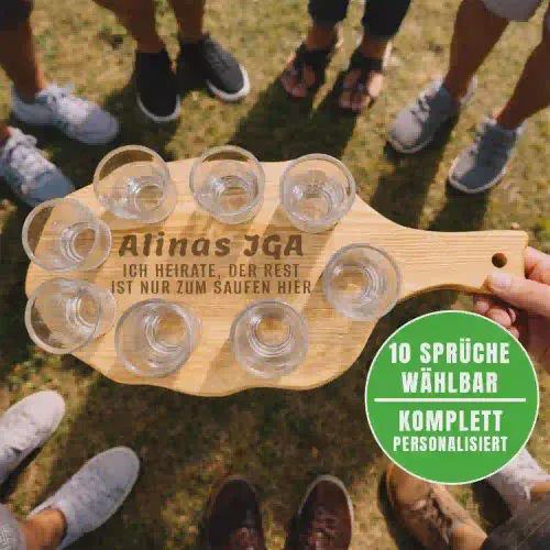 Personalisierte JGA-Shotgläser mit Brettchen