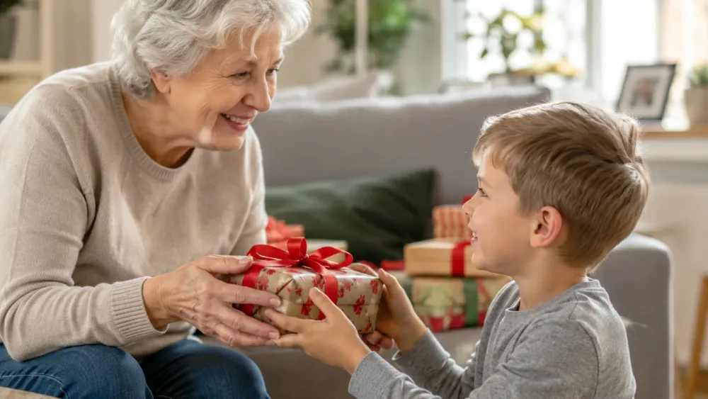 Enkel überreicht seiner Oma ein liebevoll verpacktes Geschenk
