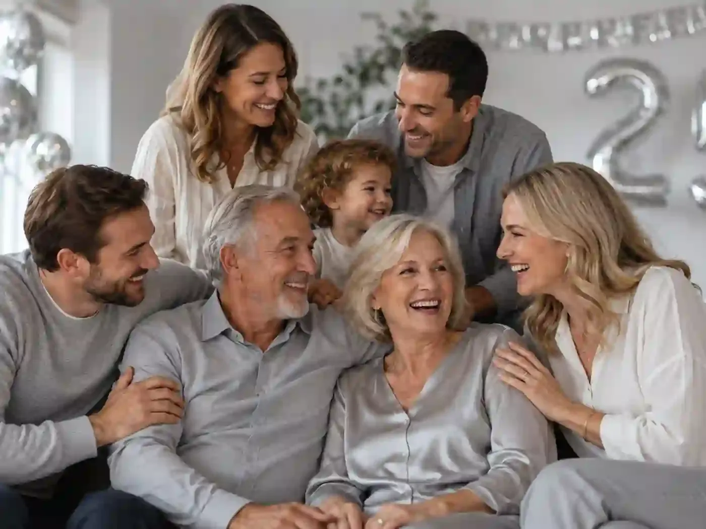 Ein Paar sitzt bei einem festlichen Abendessen mit der Familie und lächelt sich an