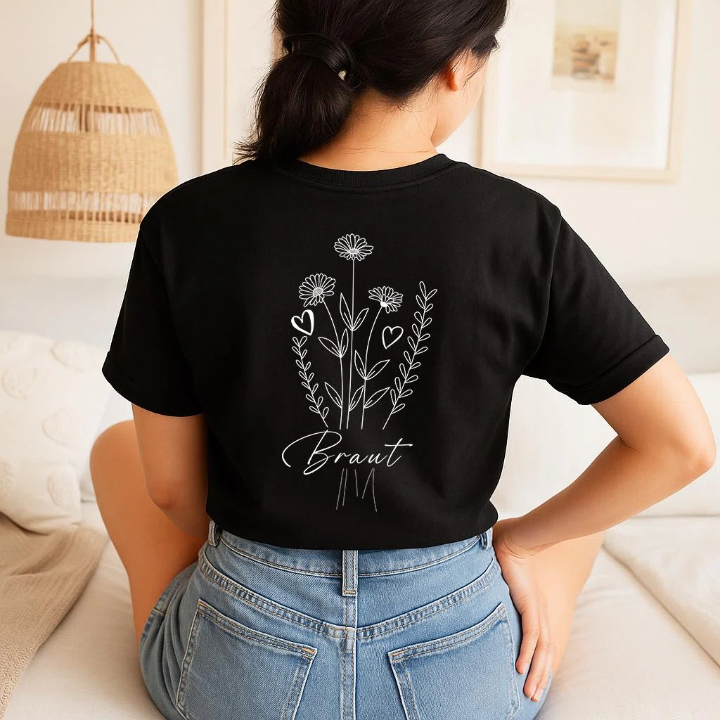 Schwarzes Kurzarm-T-Shirt in Rückenansicht, bedruckt mit einer weißen, filigranen Blumenzeichnung, kleinen Herzen und dem Schriftzug „Braut“. Dazu wird eine hellblaue Jeans getragen.