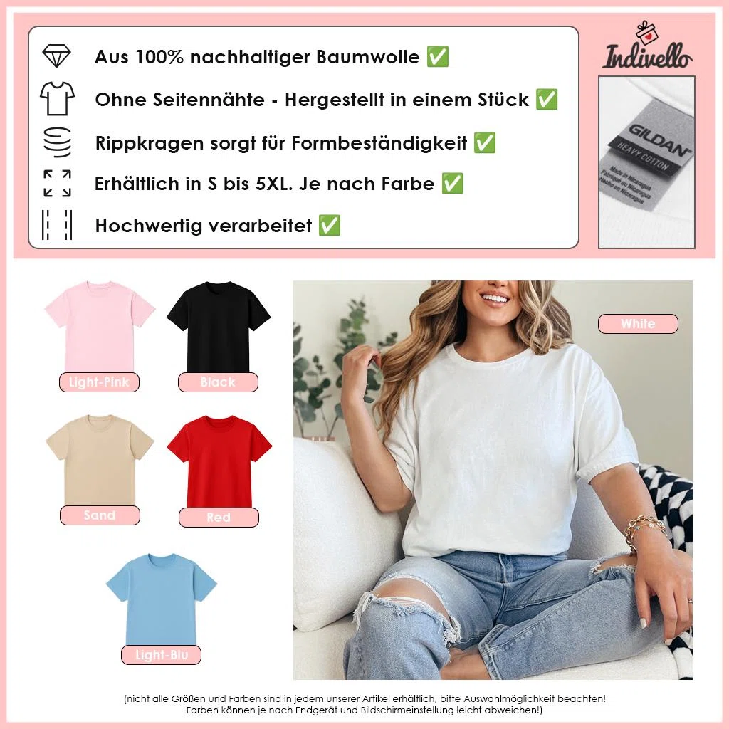 Infografik zu einem nahtlosen Baumwoll-T-Shirt mit Rippkragen: Größen S bis 5XL je nach Farbe. Abgebildete Varianten sind Hellrosa, Schwarz, Sand, Rot, Hellblau und Weiß.