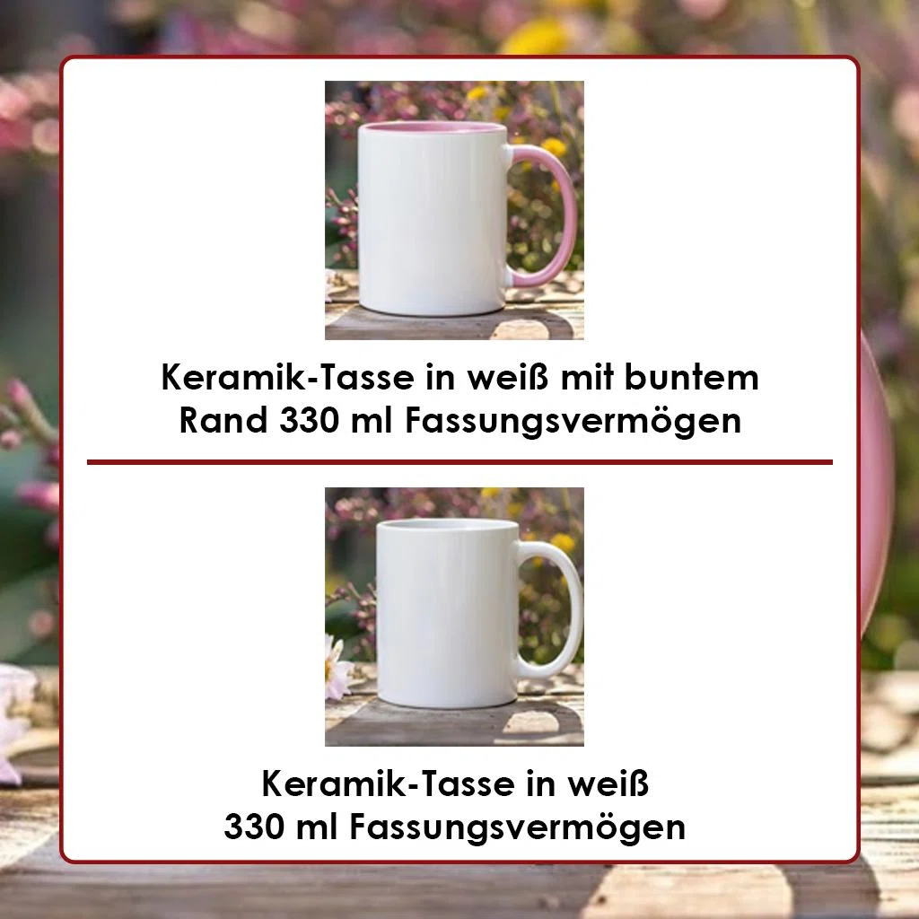 Vergleich zweier weißer Keramiktassen mit 330 ml Fassungsvermögen: oben mit rosafarbenem Innenrand und Henkel, unten vollständig weiß. Beide sind frontal vor einem unscharfen Blumenhintergrund abgebildet.