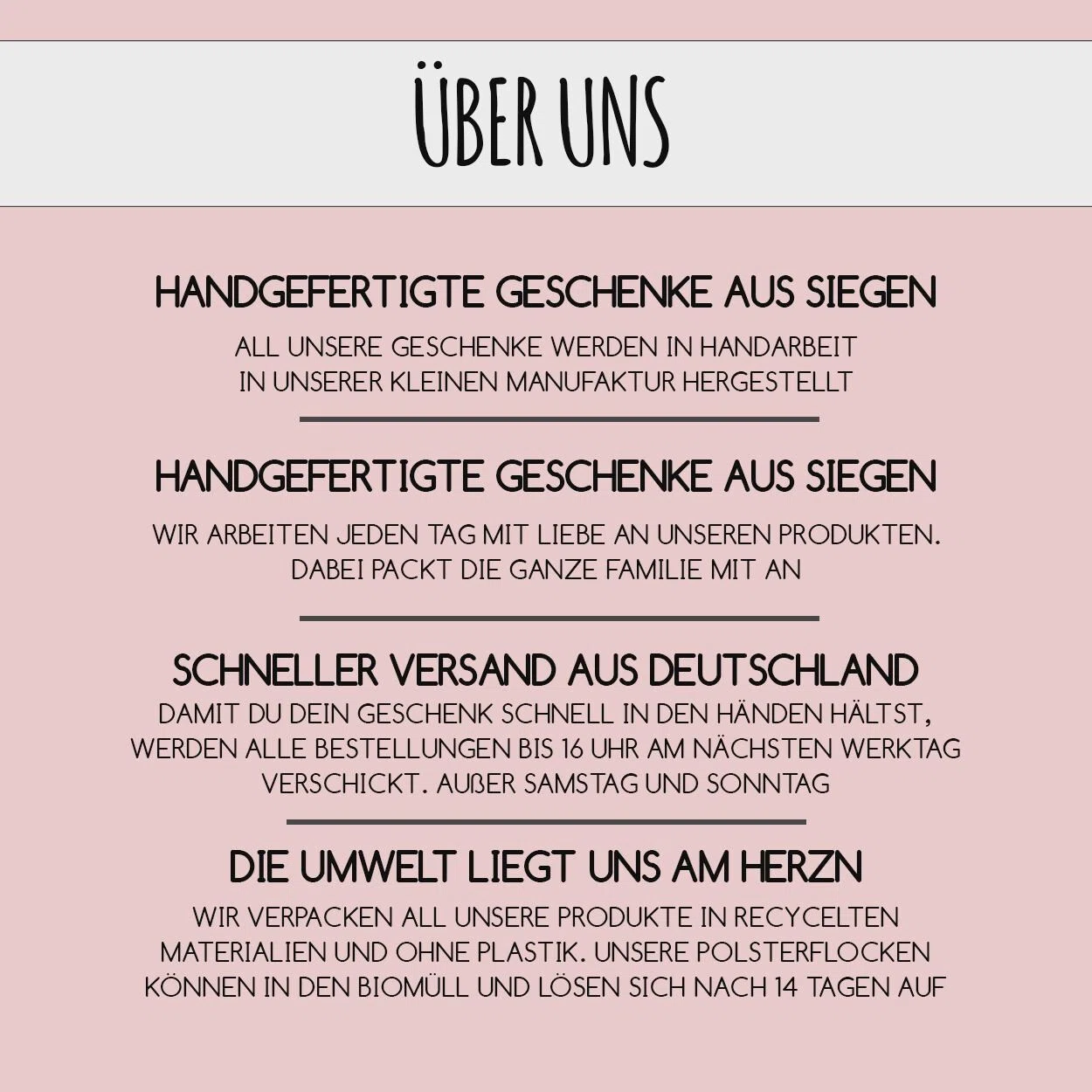 „Über uns“-Infografik auf rosa Grund: Geschenke entstehen in einer kleinen Familienmanufaktur in Siegen. Bestellungen bis 16 Uhr werden am nächsten Werktag versandt; verpackt wird plastikfrei und mit recycelten Materialien.