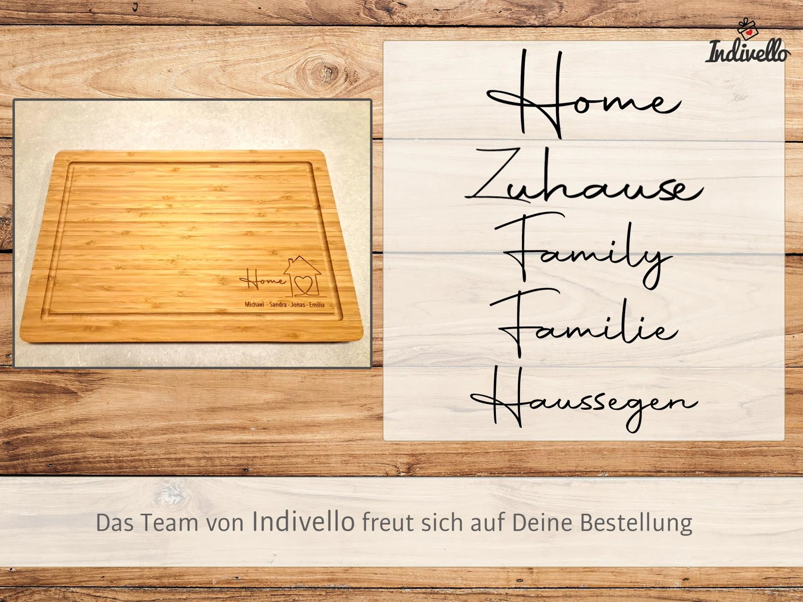Spruchauswahl für die Gravur eines hellbraunen Schneidebretts: Home, Zuhause, Family, Familie oder Haussegen; links ein Beispiel mit Hausmotiv und Namen.