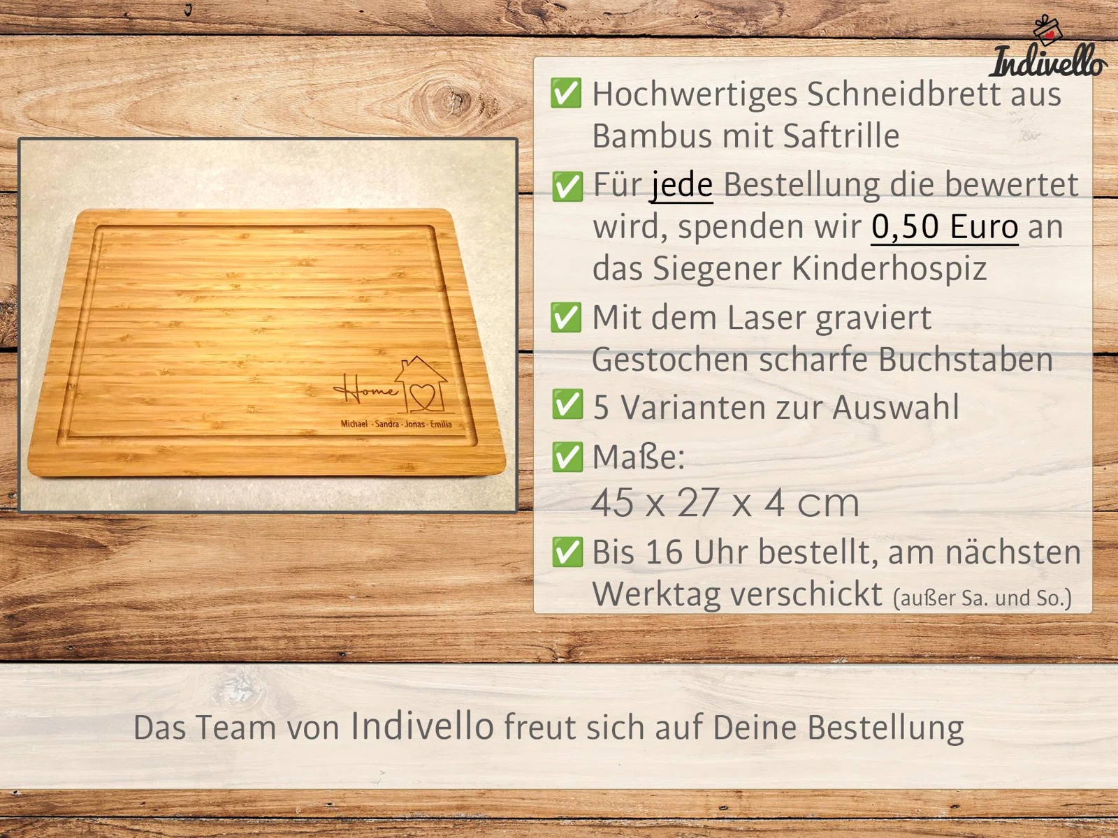 Infografik zum Bambus-Schneidbrett mit Saftrille: Lasergravur, fünf Varianten und Maße 45 × 27 × 4 cm. Für jede bewertete Bestellung gehen 0,50 Euro an das Siegener Kinderhospiz.