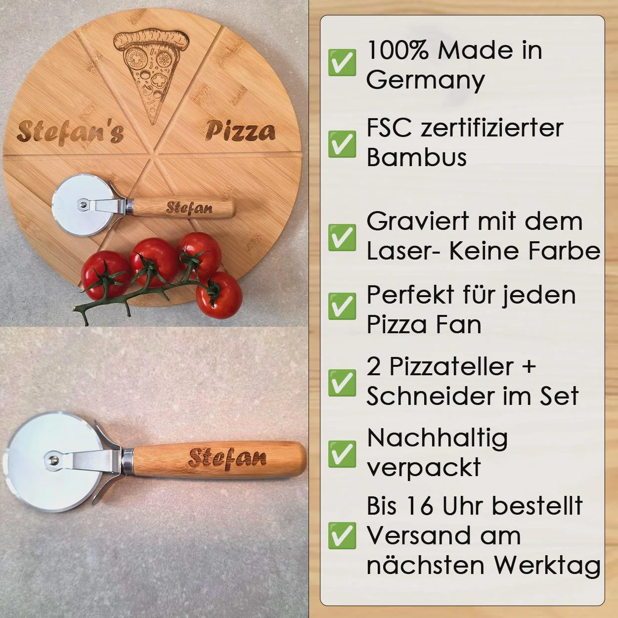 Infografik zu einem personalisierten Pizza-Set: zwei gravierte Bambus-Pizzateller und ein Pizzaschneider. Genannt werden Herstellung in Deutschland, FSC-Zertifizierung, Lasergravur ohne Farbe und nachhaltige Verpackung.