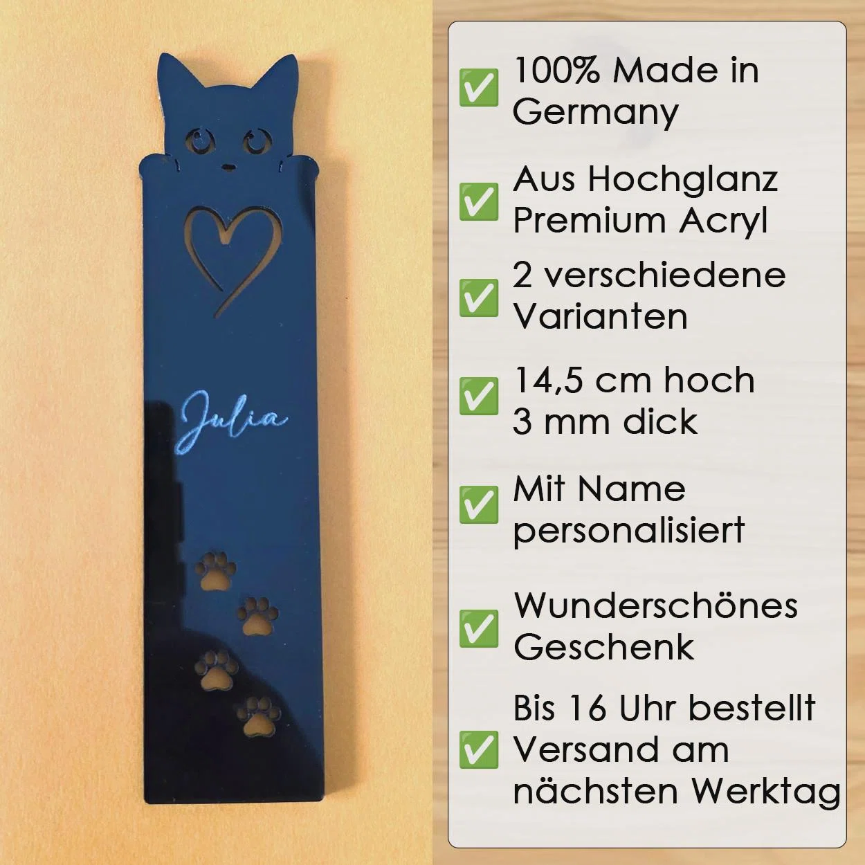 Infografik: Personalisierter Katzen-Anhänger aus Hochglanz-Acryl, 14,5 cm hoch und 3 mm dick, in zwei Varianten. Hergestellt in Deutschland; bei Bestellung bis 16 Uhr Versand am nächsten Werktag.