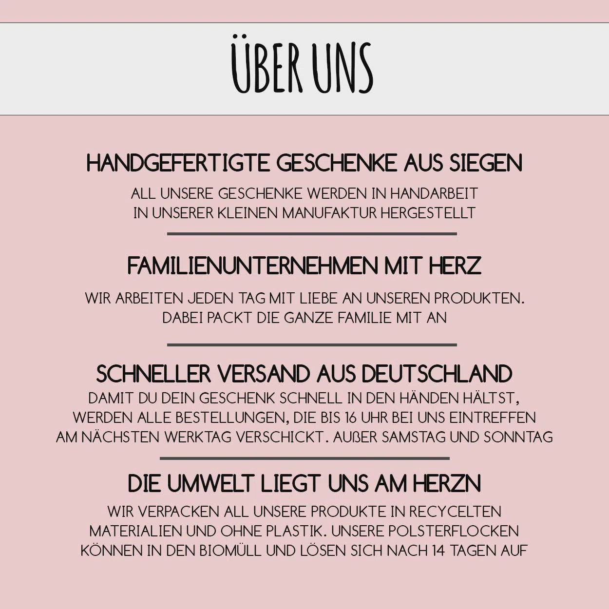 Infografik „Über uns“ auf rosafarbenem Grund: handgefertigte Geschenke aus einer Familienmanufaktur in Siegen, schneller Versand aus Deutschland sowie recycelte, plastikfreie Verpackung.