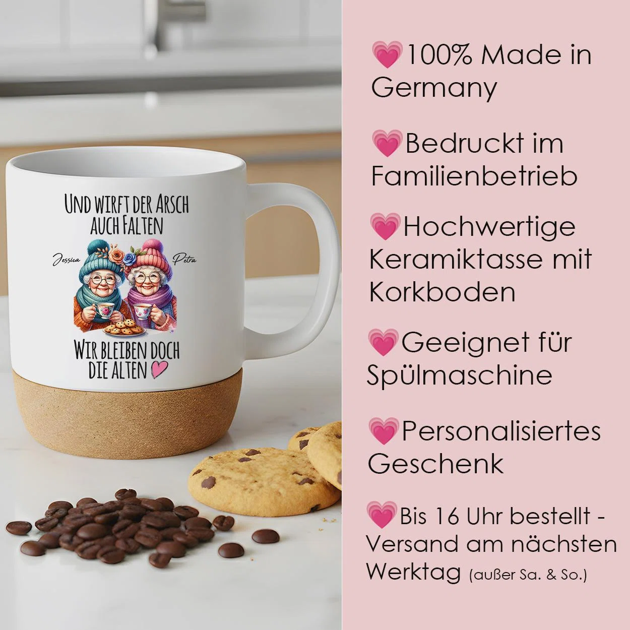 Infografik zur Tasse: 100 % Made in Germany, im Familienbetrieb bedruckt, Keramik mit Korkboden, spülmaschinengeeignet und personalisierbar; bis 16 Uhr bestellt, Versand am nächsten Werktag außer am Wochenende.