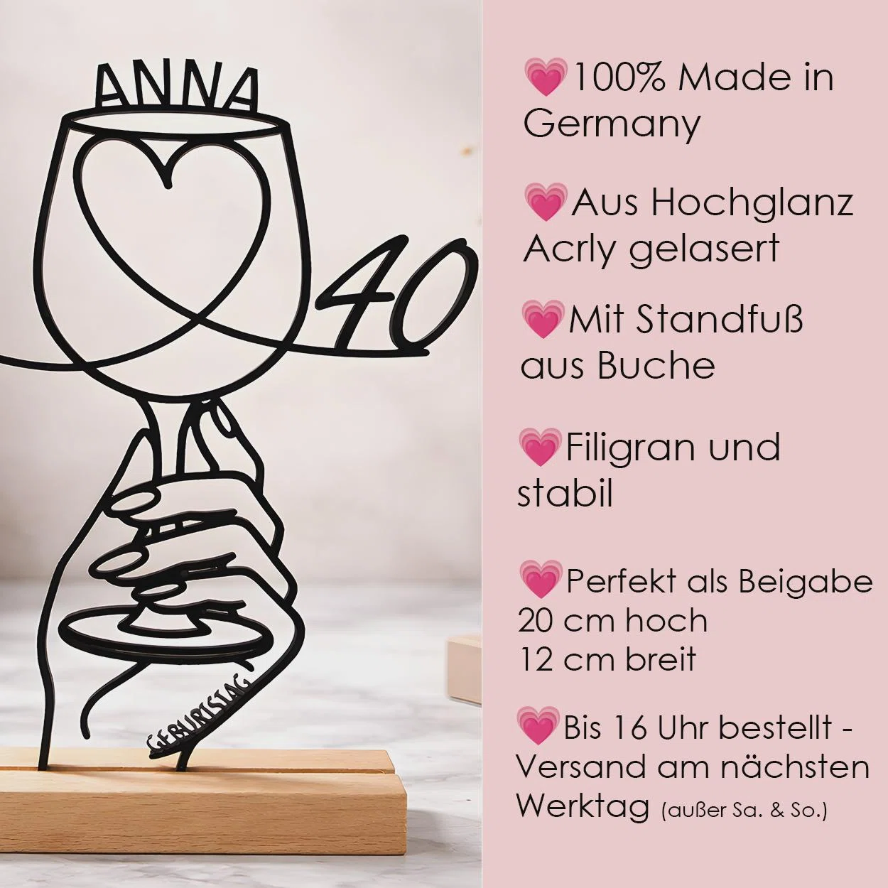 Produktinfo: Filigrane, stabile Geburtstagsfigur aus hochglänzendem Acryl mit Buchenholz-Standfuß, gefertigt in Deutschland. Sie misst 20 × 12 cm und eignet sich als Beigabe.