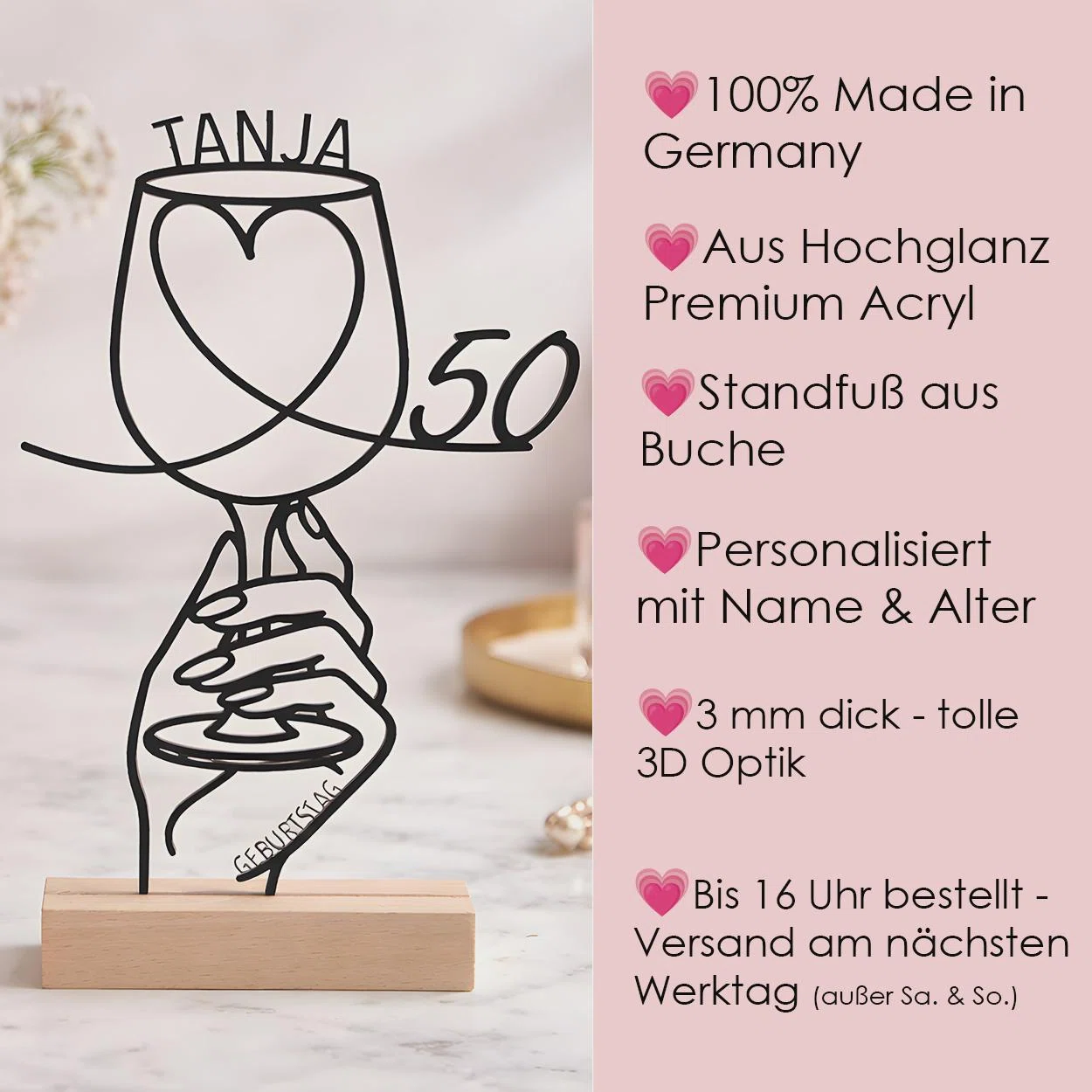 Infografik zu einem schwarzen Acryl-Aufsteller mit Weinglas-Motiv und Buchen-Standfuß: in Deutschland gefertigt, 3 mm dick, in 3D-Optik sowie mit Name und Alter personalisierbar.