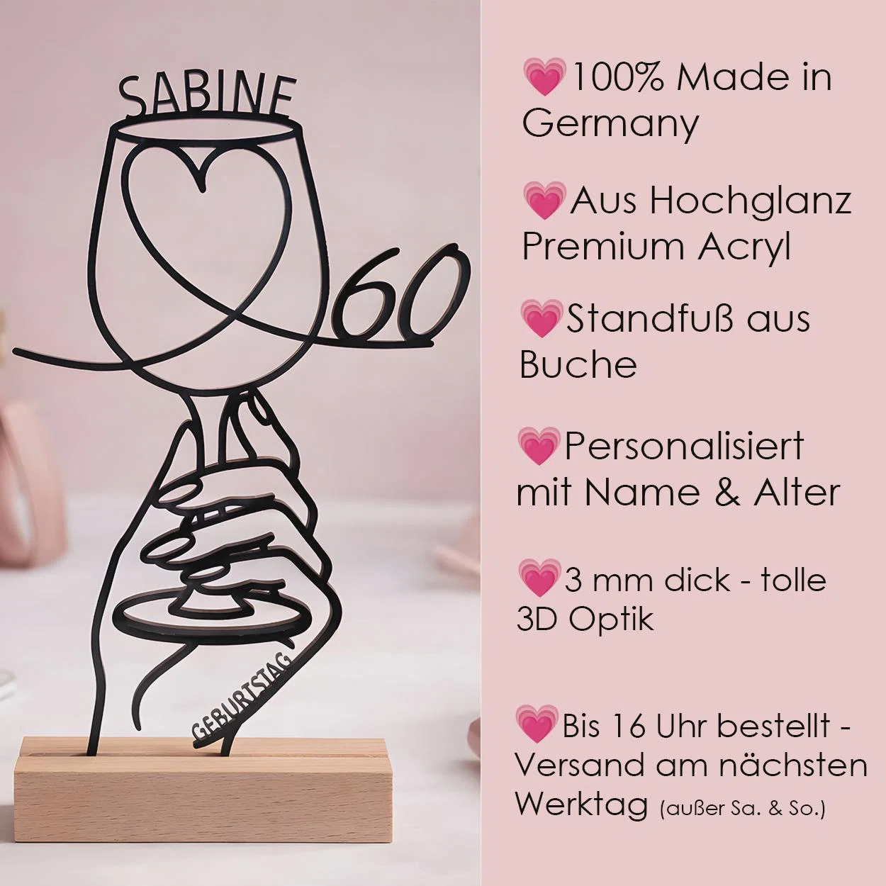 Infografik zur personalisierten Geburtstagsdeko: schwarze Acryl-Silhouette einer Hand mit Weinglas, Name und Alter auf Buchenstandfuß. Genannt werden 3 mm Stärke, Hochglanz-Acryl, Fertigung in Deutschland und Versand am nächsten Werktag.