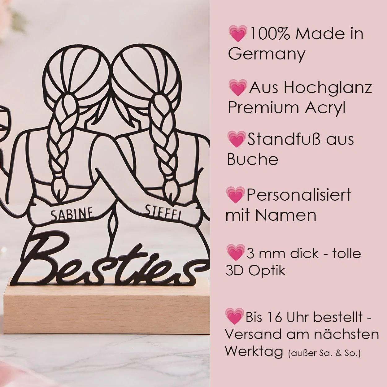 Infografik zu einem personalisierbaren „Besties“-Aufsteller: schwarze Silhouette zweier Mädchen mit Zöpfen und Namensbändern auf hellem Holzfuß. Genannt werden Fertigung in Deutschland, 3 mm Acryl und 3D-Optik.
