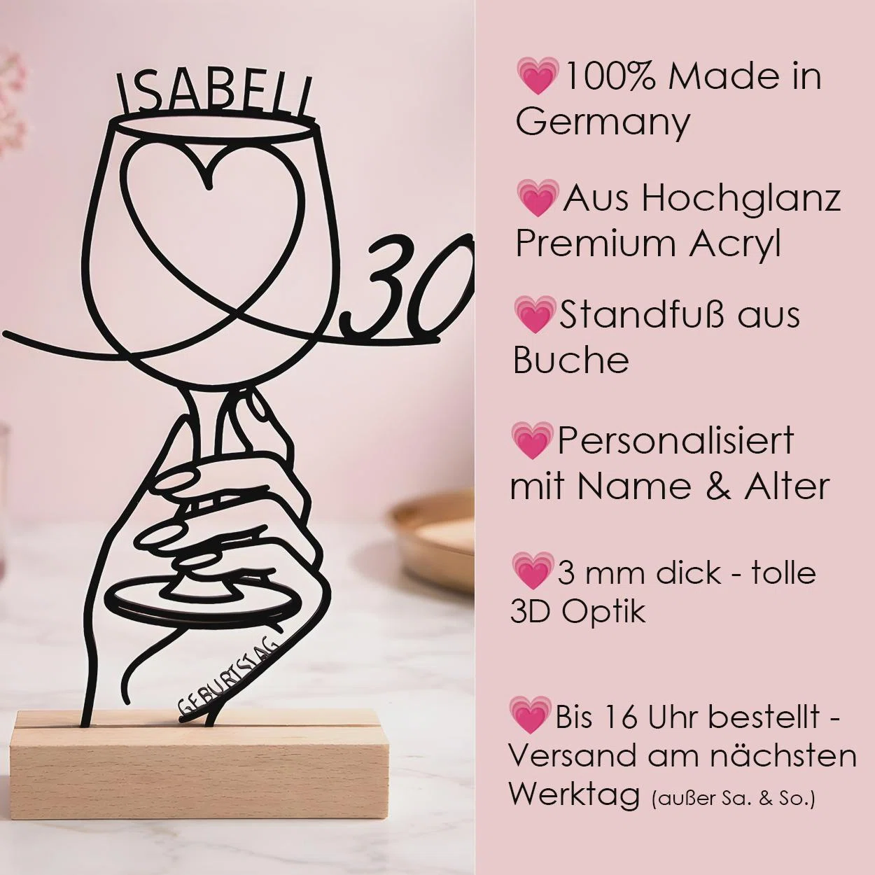 Infografik zur personalisierten Acrylfigur mit Weinglas-Motiv: 3 mm starkes Hochglanz-Acryl, Buchen-Standfuß, gefertigt in Deutschland, Name und Alter anpassbar; Versand bei Bestellung bis 16 Uhr am nächsten Werktag.