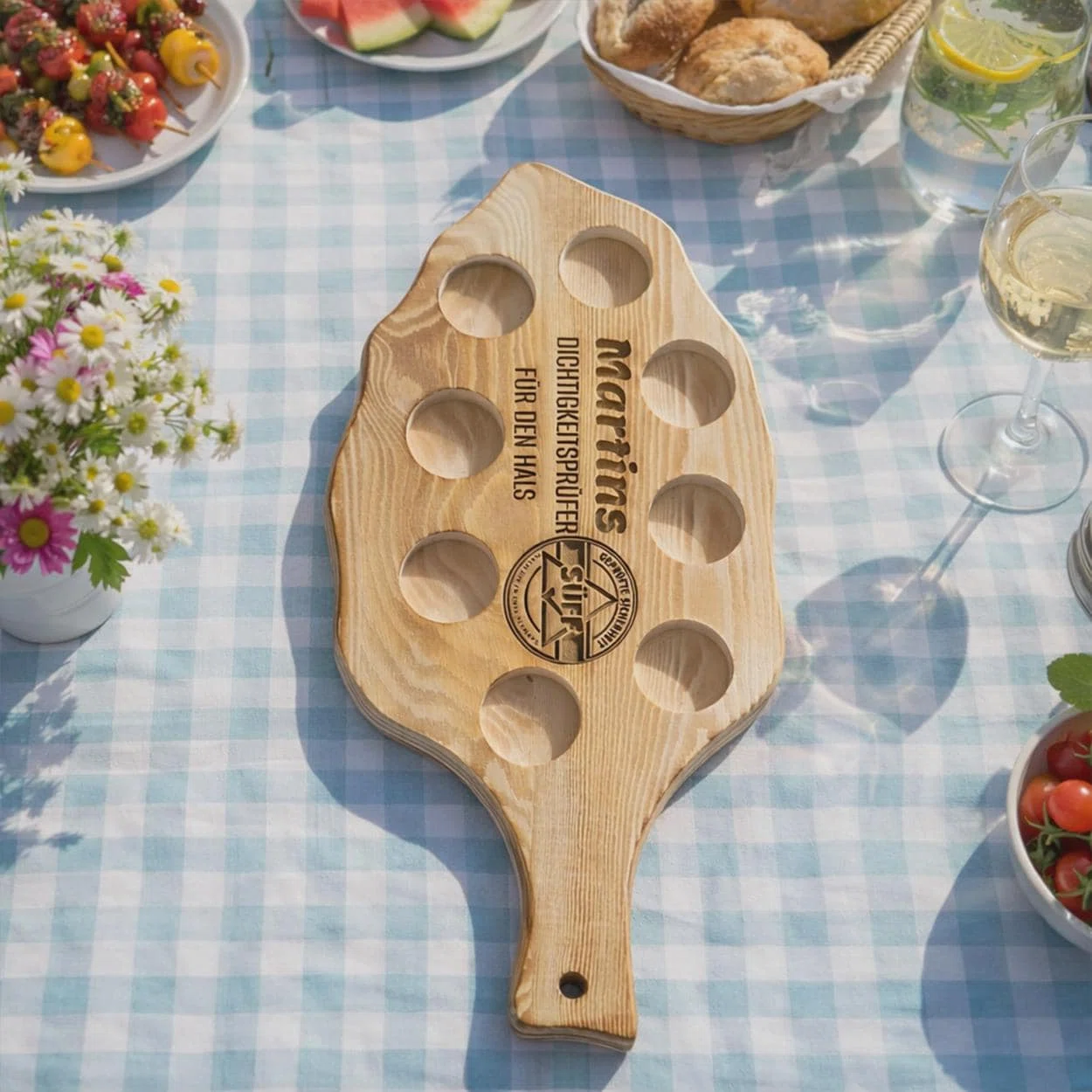 Holzfarbenes Schnapsbrett in länglicher Paddelform mit Griff, acht runden Aussparungen und dunkler Namens- und Spruchgravur. Von oben auf einer blau-weiß karierten Picknicktafel fotografiert.
