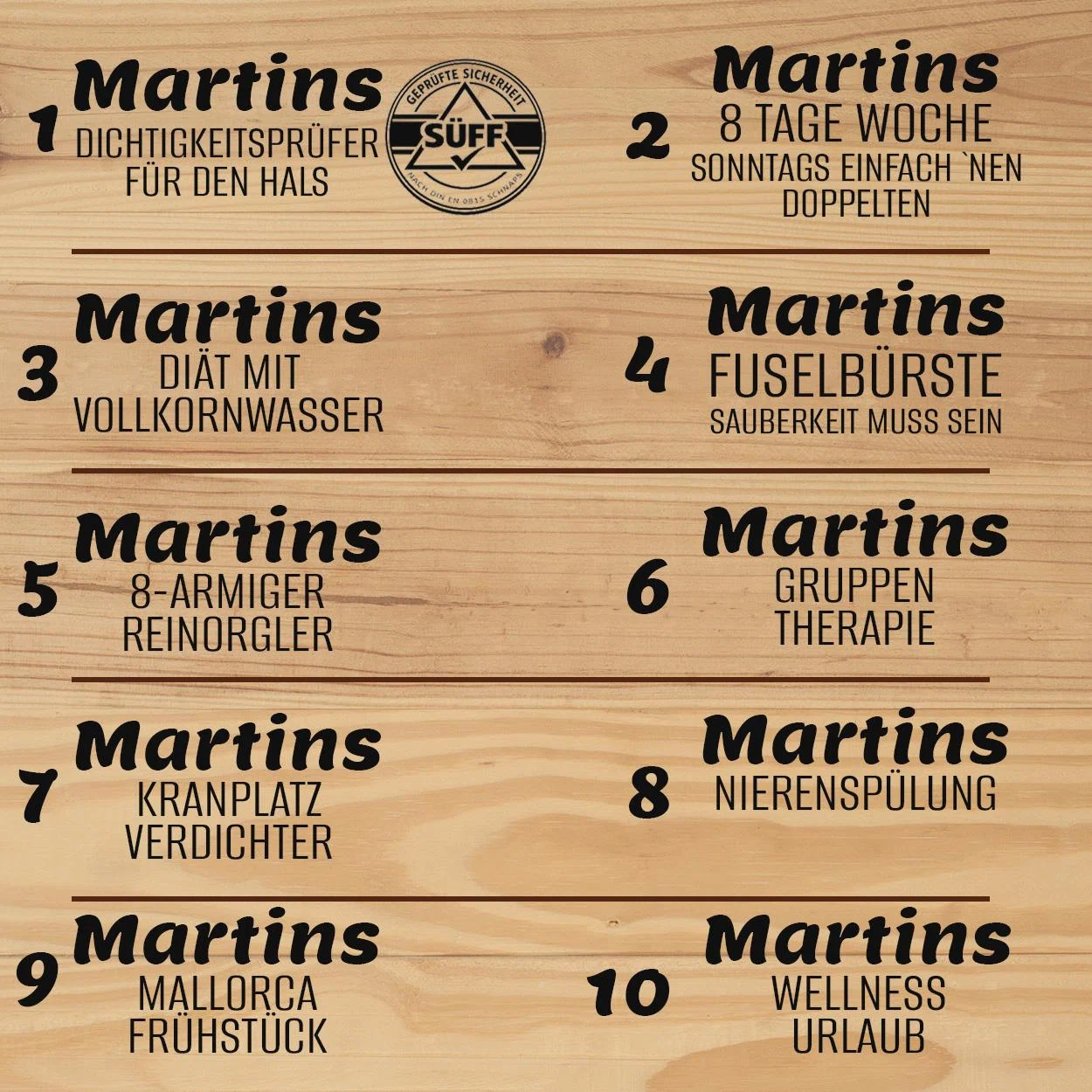 Nummerierte Spruchübersicht mit zehn humorvollen Varianten für „Martins“, darunter „Dichtigkeitsprüfer für den Hals“, „8-armiger Reinorgler“, „Nierenspülung“ und „Wellnessurlaub“, in Schwarz auf Holzoptik.