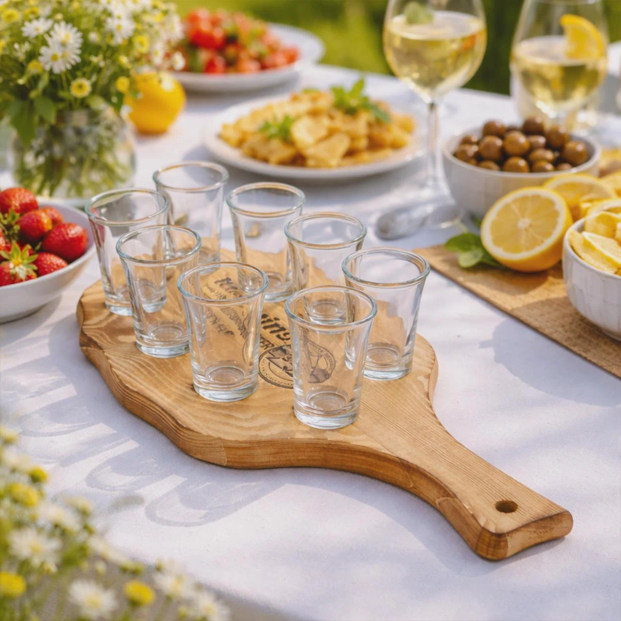 Paddelförmiges Holzbrett mit langem Griff, dunklem Aufdruck und acht klaren Schnapsgläsern, schräg von oben auf einer sommerlich gedeckten Tafel fotografiert.