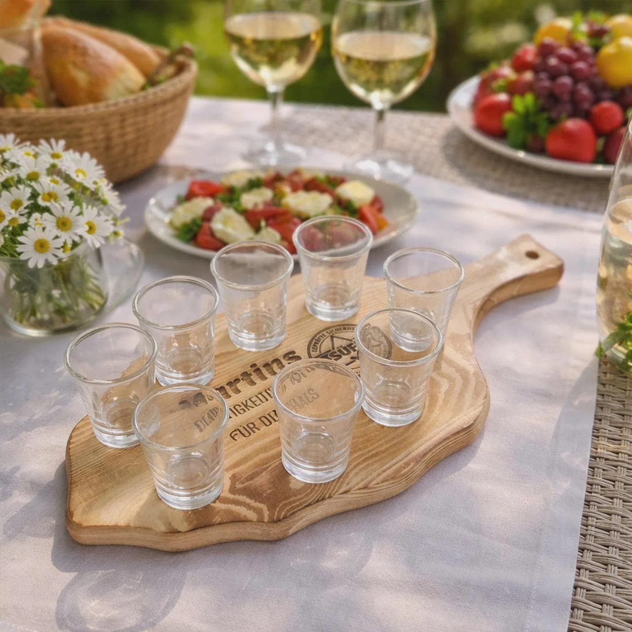 Holzfarbenes Servierbrett mit Griff, dekorativer Gravur und acht kleinen Schnapsgläsern, schräg von oben auf einer gedeckten Gartentafel mit Salat, Brot und Blumen fotografiert.