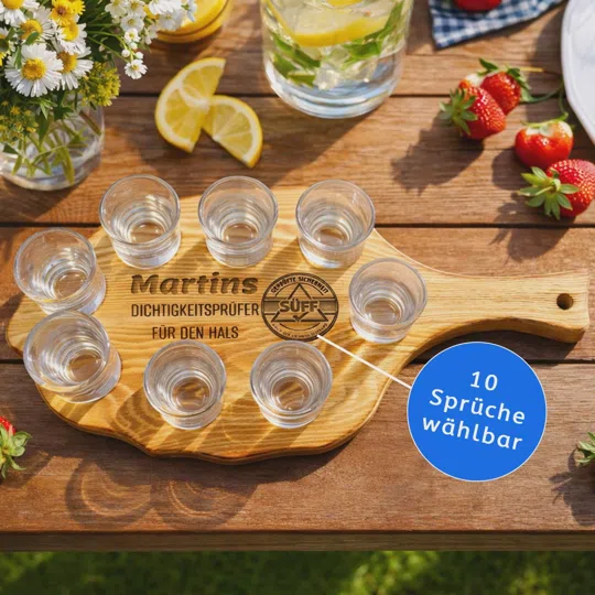 Personalisiertes Schnapsbrett bestellen: helles Brett mit acht Gläsern, Namensgravur und „Dichtigkeitsprüfer für den Hals“. Ein blauer Hinweis zeigt die Auswahl aus zehn Sprüchen.