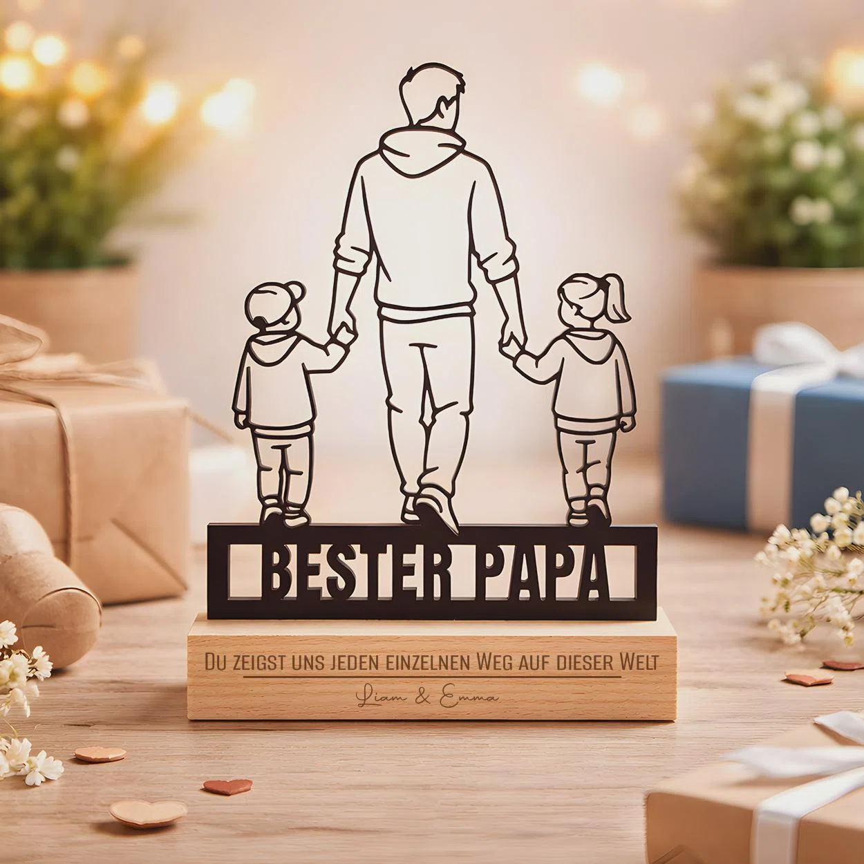 Schwarzer Aufsteller mit rückseitiger Silhouette einer großen Figur, die zwei Kinder an den Händen hält, und dem Schriftzug „Bester Papa“. Heller Sockel mit graviertem Spruch und zwei Namen.