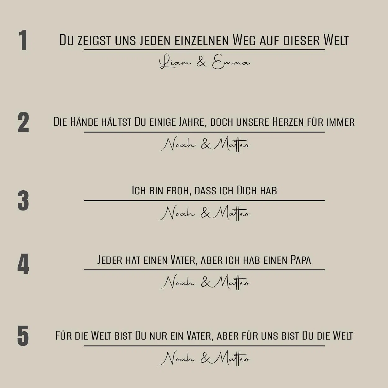 Beige Spruchübersicht mit fünf nummerierten Textvarianten für Papa, darunter „Ich bin froh, dass ich Dich hab“ und „Jeder hat einen Vater, aber ich hab einen Papa“, jeweils mit personalisierten Namen.