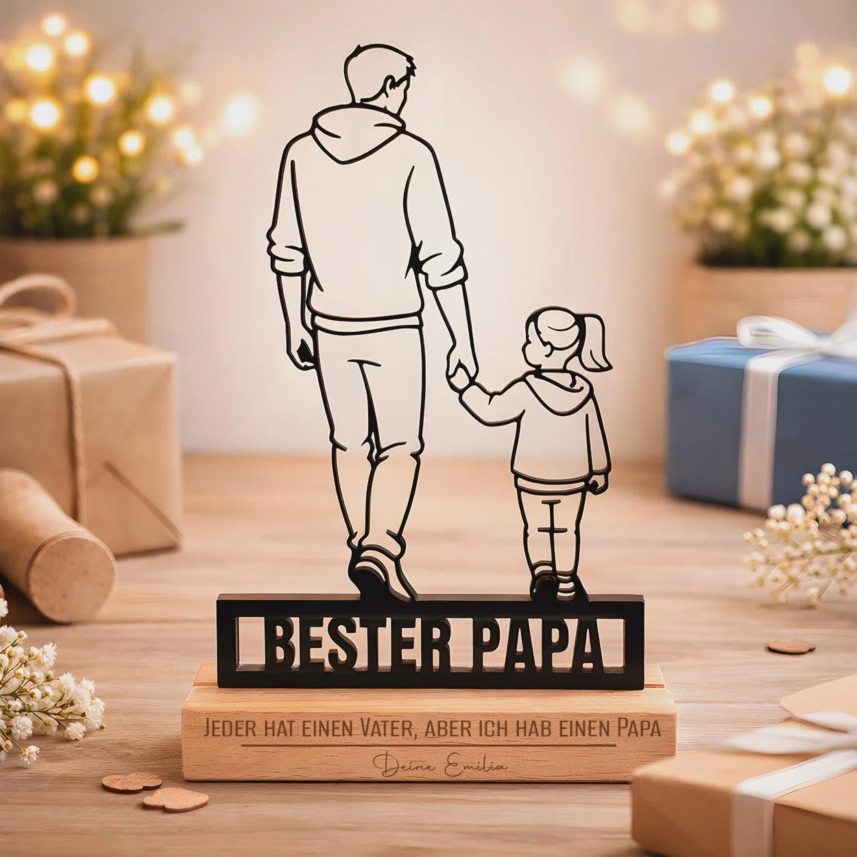 Schwarze Kontur-Dekoration mit großer und kleiner, Hand in Hand gehender Figur in Rückenansicht. Darunter stehen „Bester Papa“ und der Spruch „Jeder hat einen Vater, aber ich habe einen Papa“.