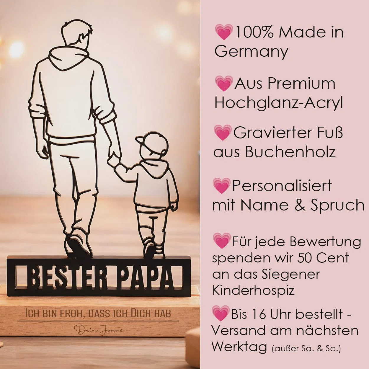 Infografik zur personalisierbaren Hochglanz-Acryl-Leuchte mit graviertem Buchenholzfuß: gefertigt in Deutschland, 50 Cent Spende je Bewertung an das Siegener Kinderhospiz und Versand am nächsten Werktag bei Bestellung bis 16 Uhr.