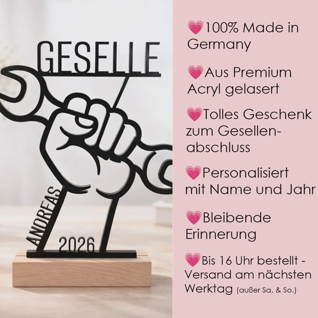 Infografik zur personalisierten Gesellen-Skulptur: gefertigt in Deutschland aus gelasertem Premium-Acryl, mit Name und Jahr. Als Geschenk zum Gesellenabschluss gedacht; Versand am nächsten Werktag bei Bestellung bis 16 Uhr.