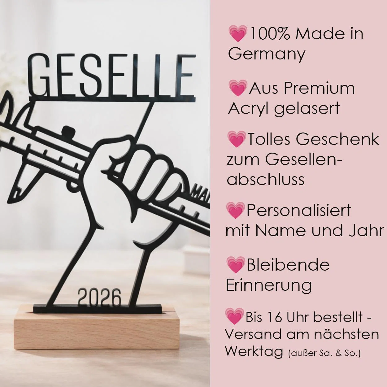 Infografik zu einem schwarzen Gesellen-Aufsteller mit Hand und Messschieber: personalisierbar mit Name und Jahr, aus gelasertem Premium-Acryl und in Deutschland gefertigt. Versand am nächsten Werktag bei Bestellung bis 16 Uhr.