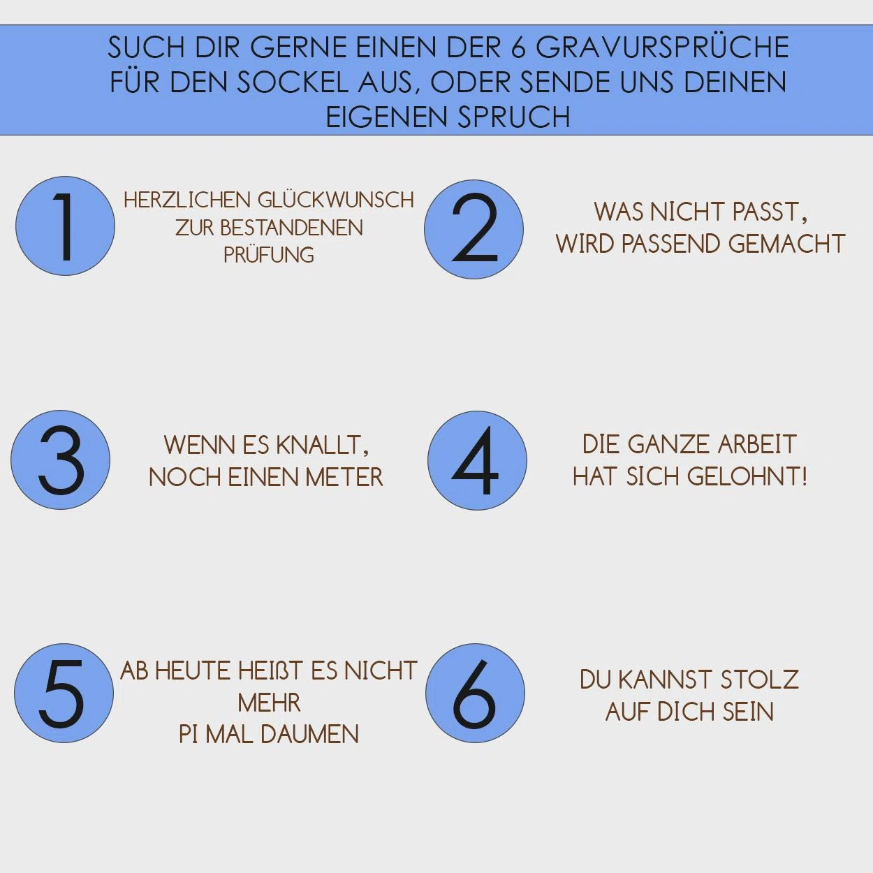 Infografik zur Sockelgravur mit sechs Sprüchen, darunter Glückwünsche zur bestandenen Prüfung, „Was nicht passt, wird passend gemacht“ und „Du kannst stolz auf dich sein“; alternativ ist ein eigener Text möglich.