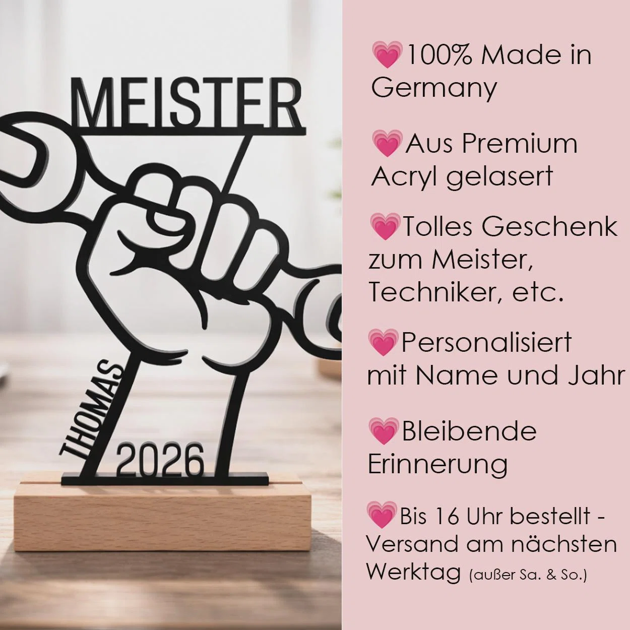Infografik zu einer schwarzen Meister-Deko mit Faust und Schraubenschlüssel auf hellem Sockel. Genannt werden Fertigung in Deutschland, gelasertes Premium-Acryl, Personalisierung mit Name und Jahr sowie Versand am nächsten Werktag.