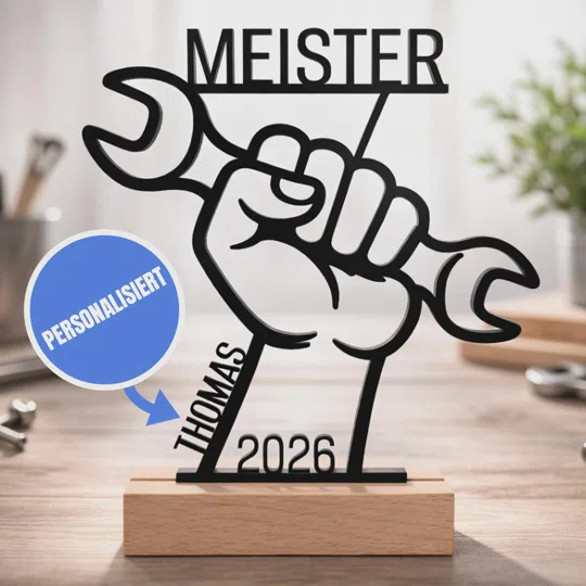 Meister-Aufsteller personalisiert kaufen: Schwarze Konturen zeigen eine Faust mit Schraubenschlüssel, darüber „Meister“, dazu Name und Jahreszahl auf einem hellen Sockel.