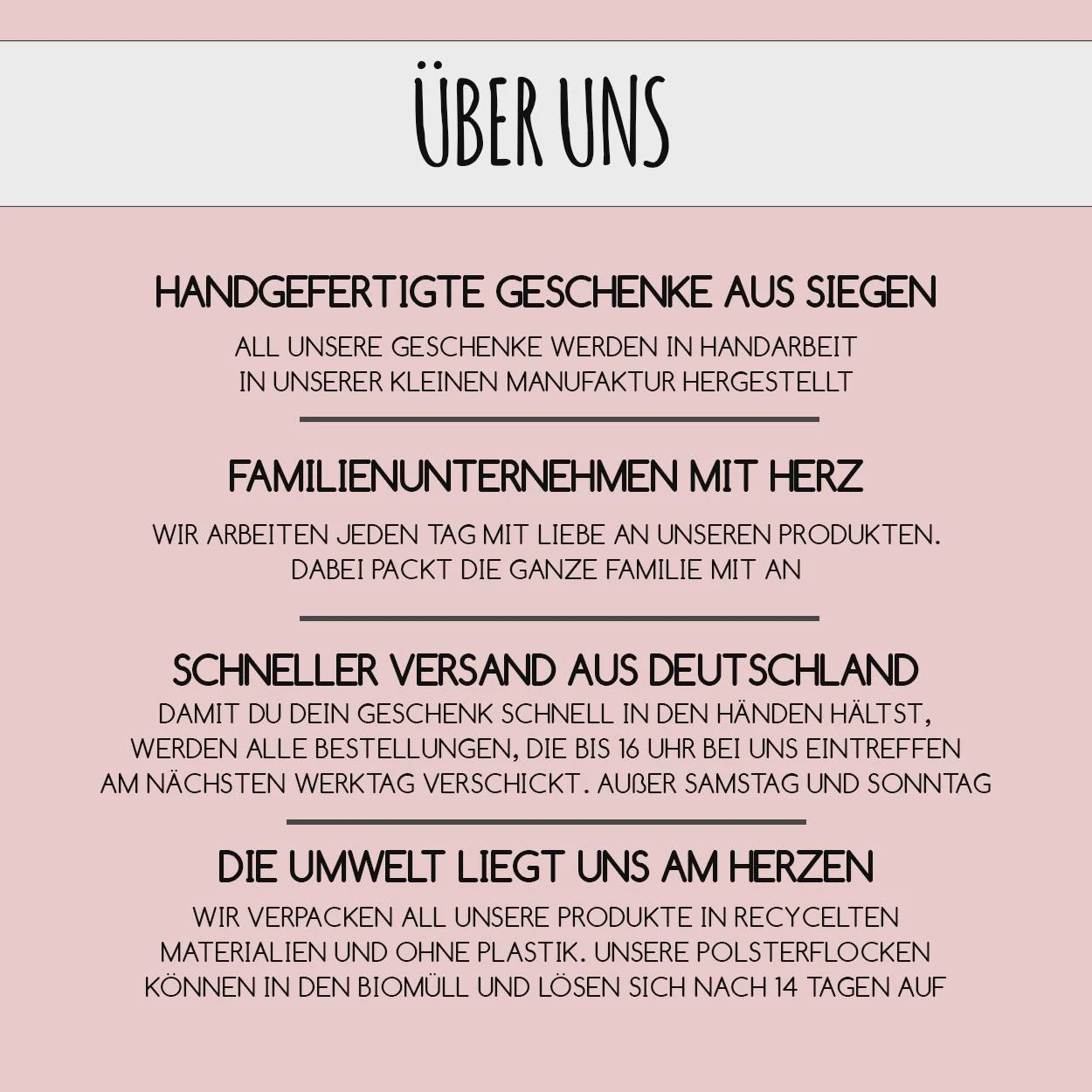„Über uns“-Infografik: handgefertigte Geschenke aus einer Familienmanufaktur in Siegen, Versand am nächsten Werktag bei Bestellung bis 16 Uhr sowie plastikfreie Verpackung aus recycelten Materialien.