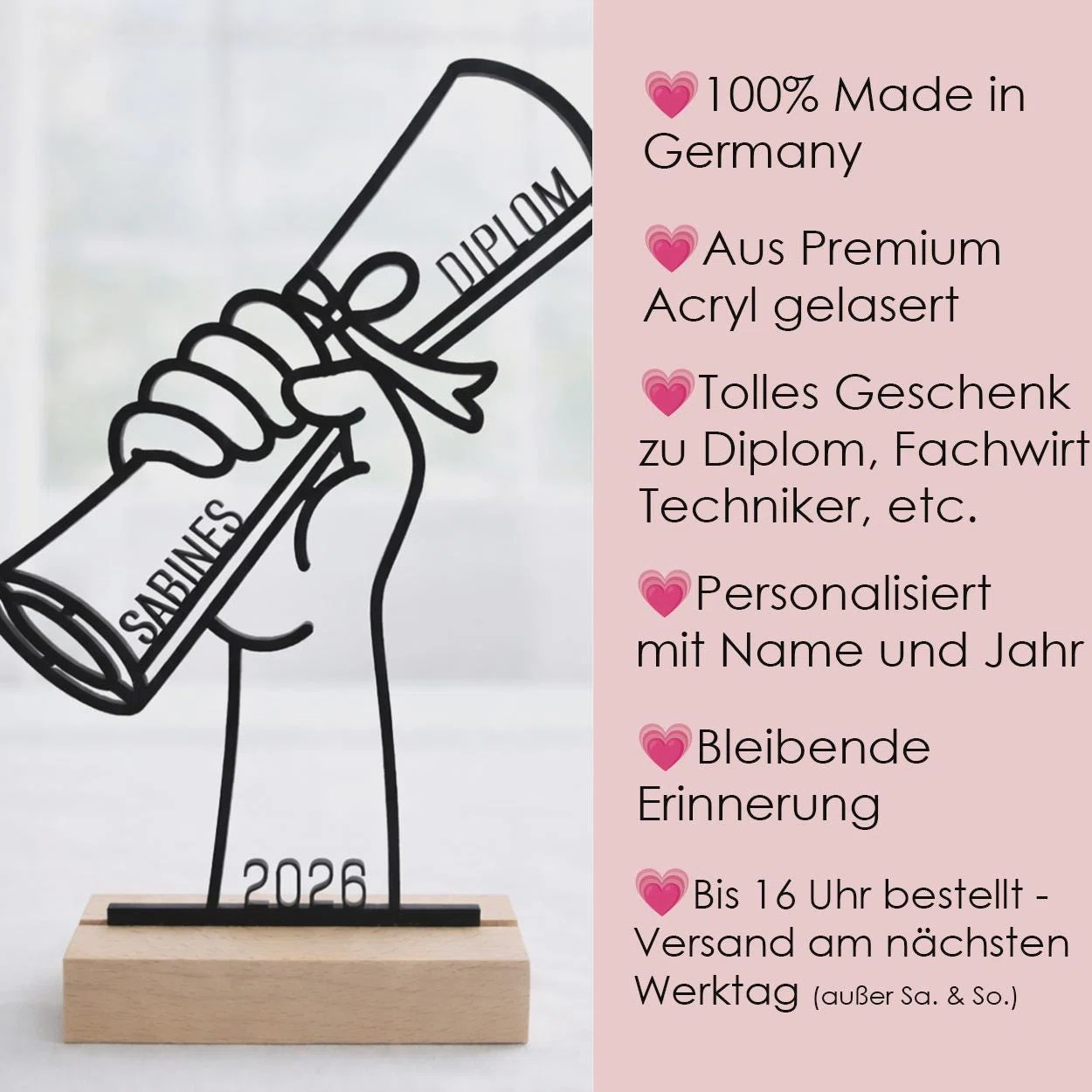 Rosa Infografik zu einer schwarzen Abschluss-Dekoration: in Deutschland aus Acryl gelasert, mit Name und Jahr personalisierbar und als Geschenk zu Diplom, Fachwirt oder Techniker gedacht; Versandhinweis inklusive.