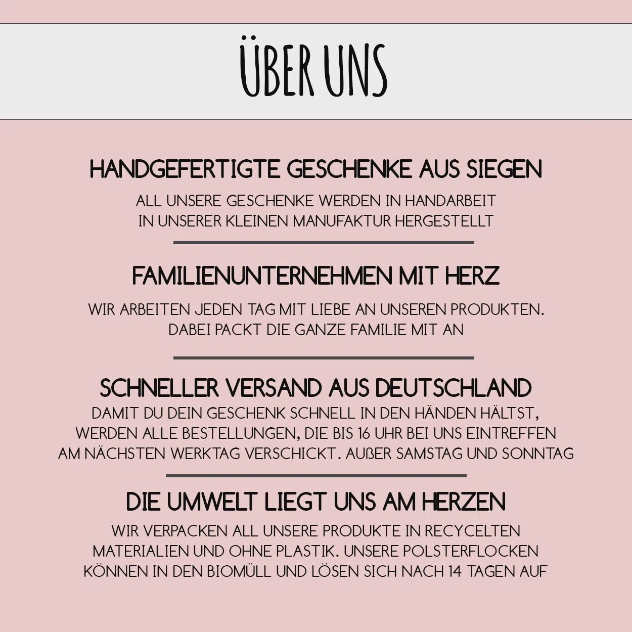 Infografik „Über uns“ auf Rosa: Geschenke werden in einer kleinen Manufaktur in Siegen handgefertigt. Genannt werden Familienarbeit, Versand am nächsten Werktag bei Eingang bis 16 Uhr und plastikfreie Recyclingverpackungen.