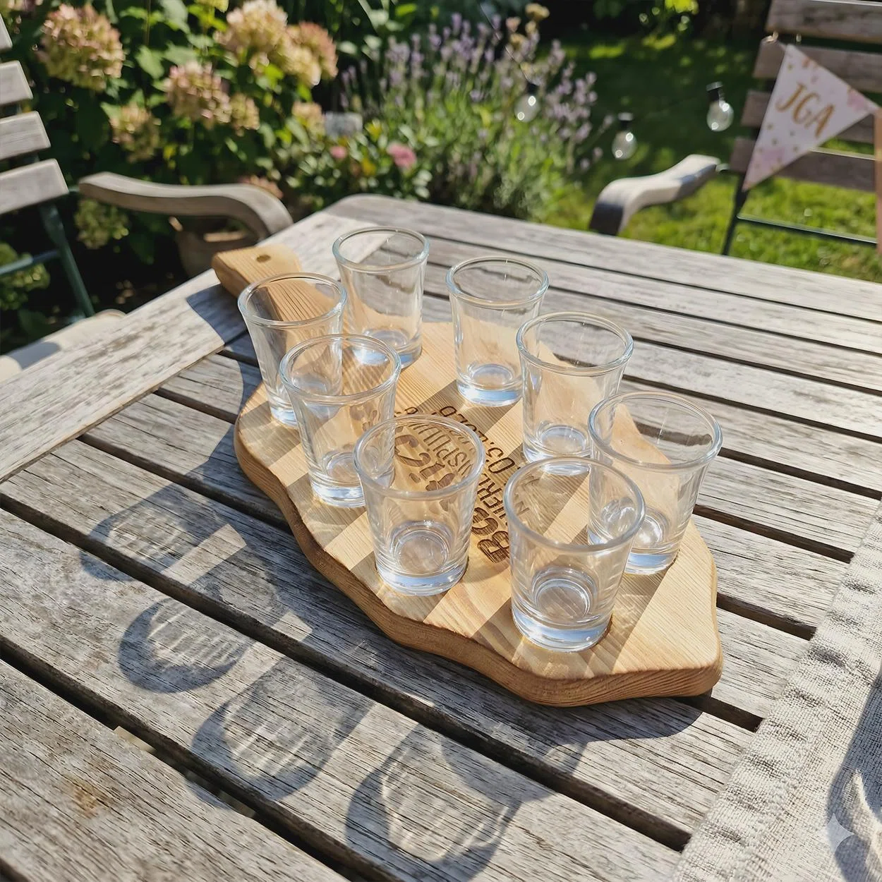 Längliches Servierbrett aus hellem Holz mit acht leeren Schnapsgläsern und mittiger Gravur, schräg von oben auf einem sonnigen Gartentisch fotografiert.
