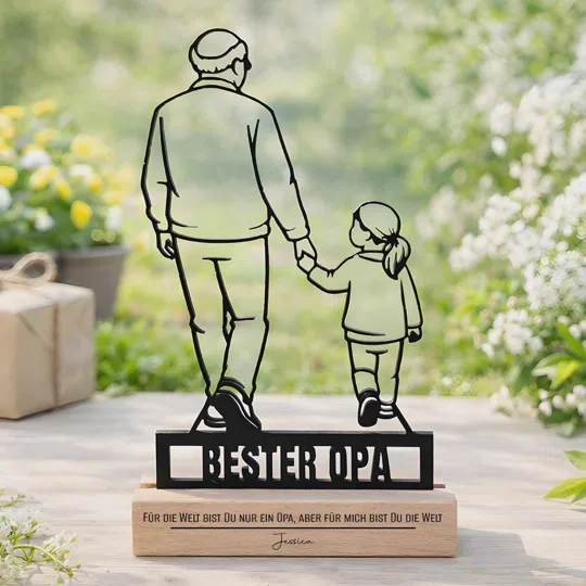 Personalisierten Opa-Aufsteller kaufen: Schwarze Silhouetten eines Erwachsenen und eines Kindes halten sich an der Hand. Auf dem hellen Sockel stehen „Bester Opa“ und eine Widmung.