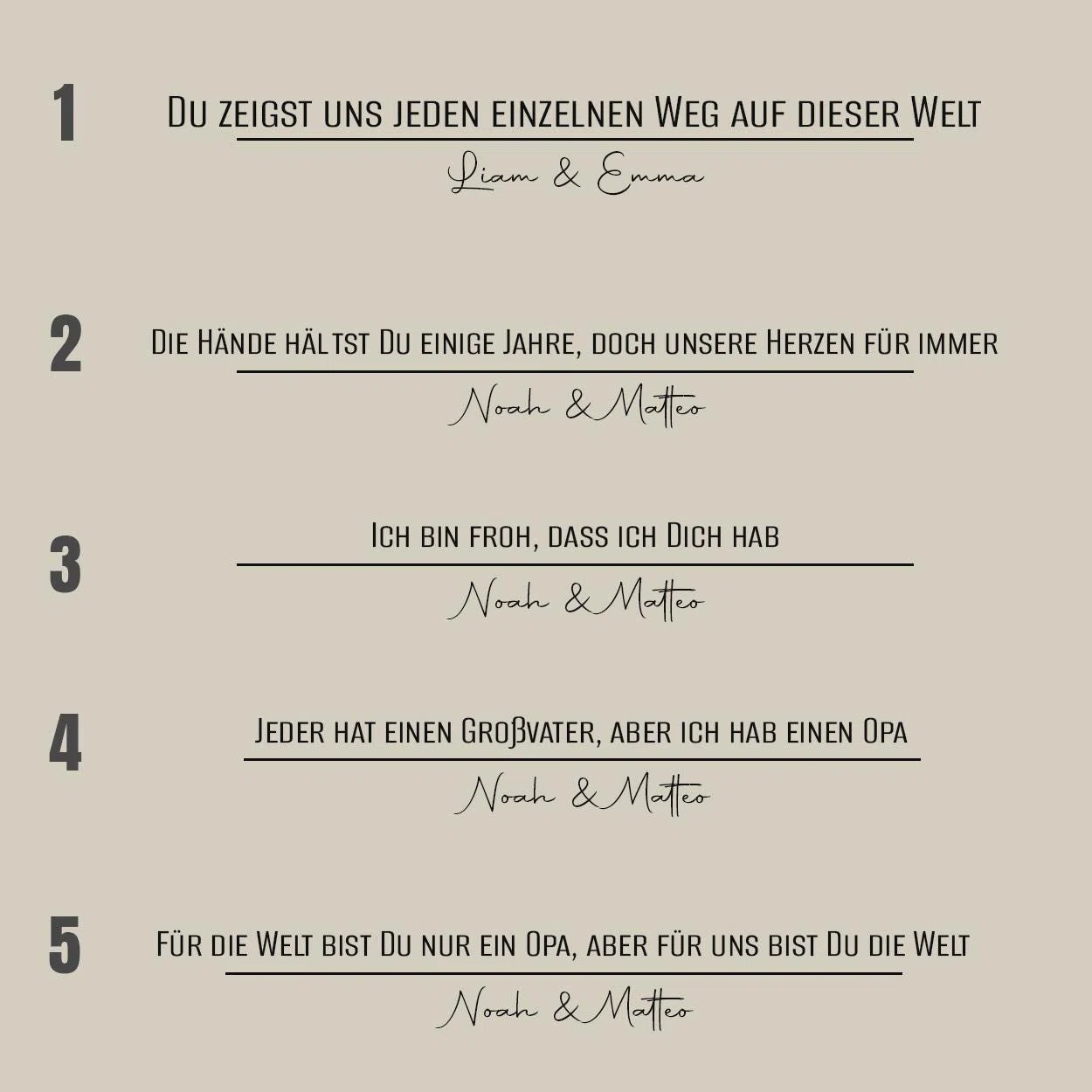 Übersicht mit fünf nummerierten Sprüchen für einen Opa, jeweils mit einer personalisierbaren Namenszeile. Schwarze Typografie auf beigefarbenem Hintergrund.