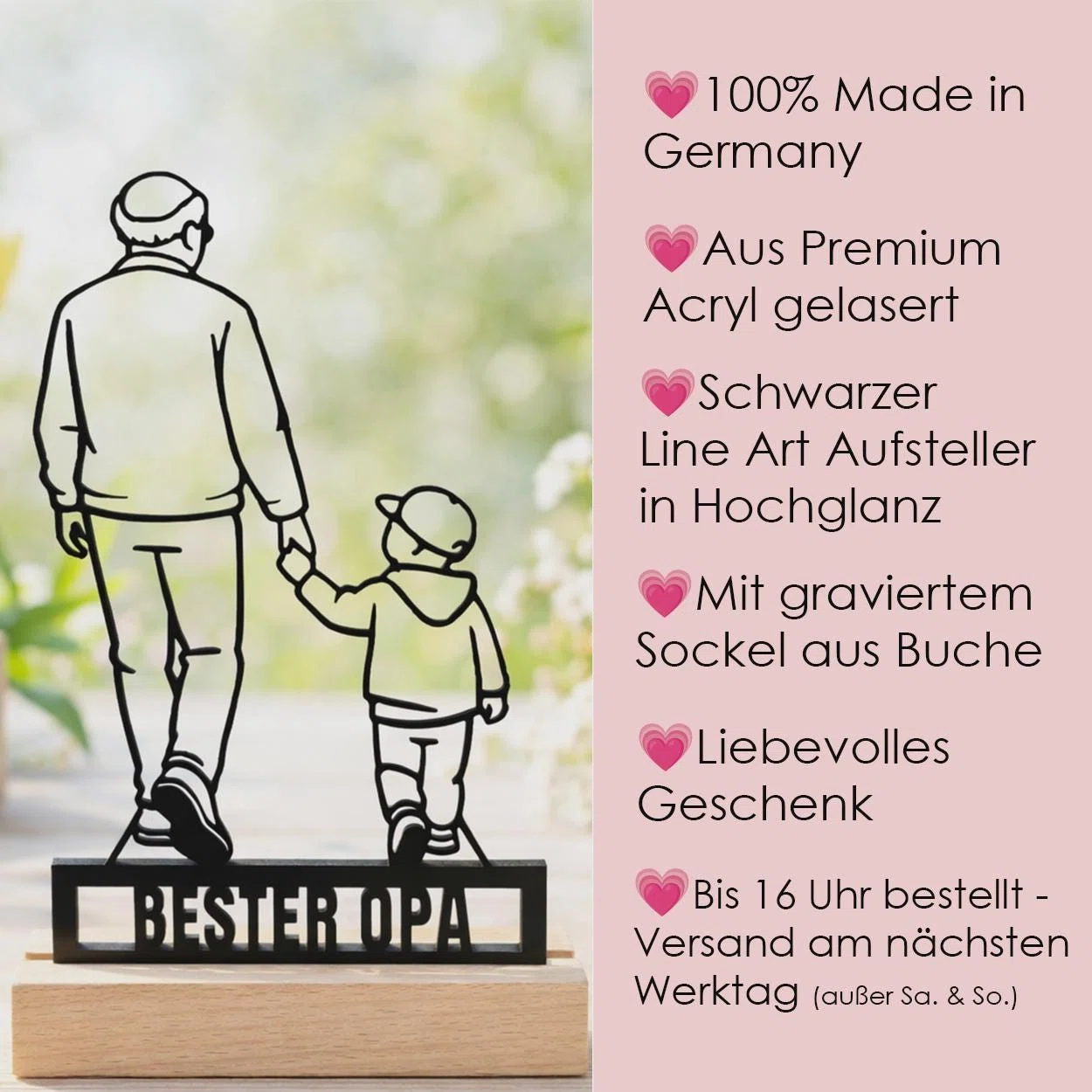 Infografik zu einem schwarzen Line-Art-Aufsteller mit zwei Hand in Hand gehenden Figuren und Schriftzug „Bester Opa“. Genannt werden gelasertes Premium-Acryl, Hochglanz, gravierter Buchensockel, Fertigung in Deutschland und Versandhinweis.