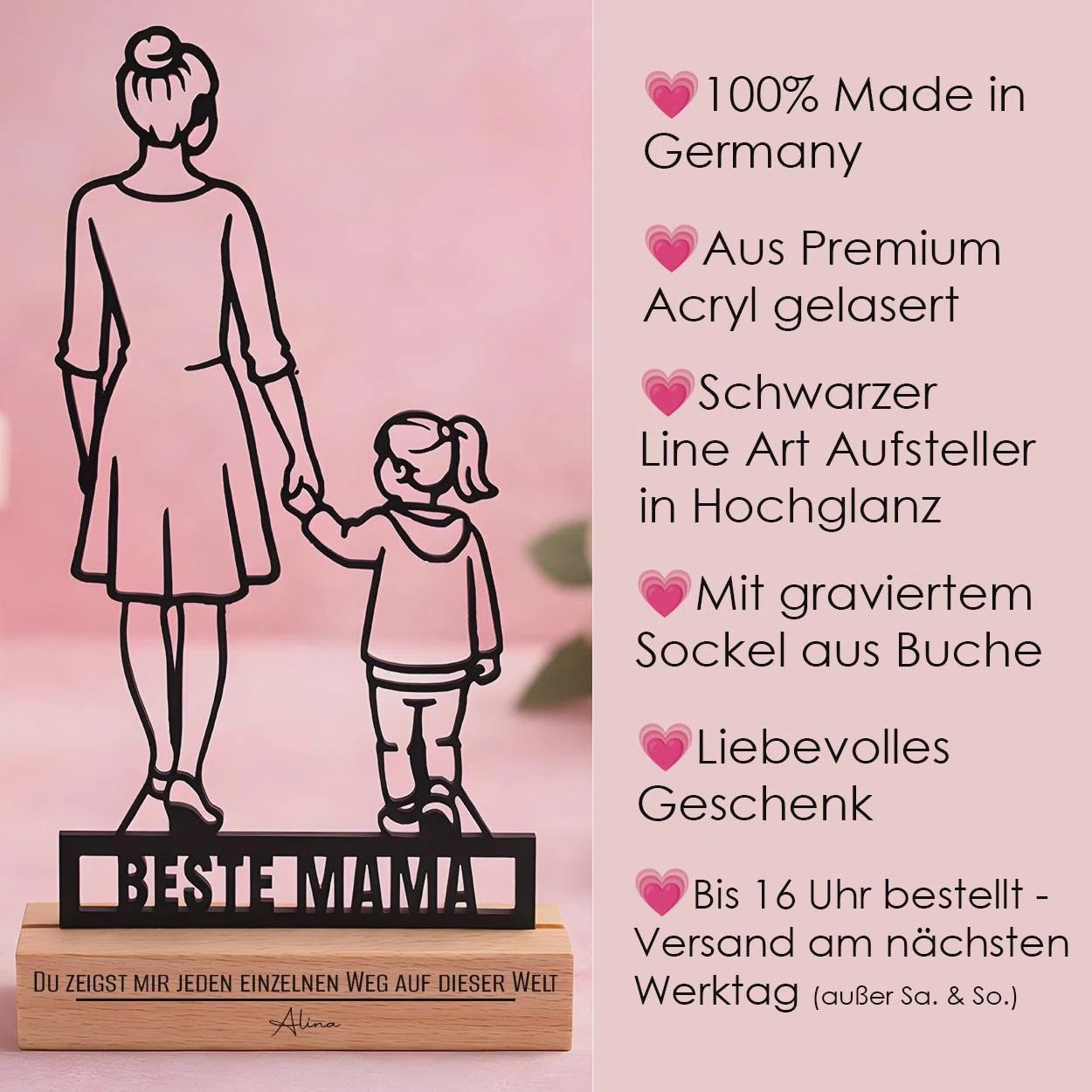 Produktinfografik zum schwarzen Line-Art-Aufsteller „Beste Mama“ mit großer und kleiner Figur. Genannt werden Fertigung in Deutschland, gelasertes Premium-Acryl, Hochglanzoptik, gravierter Buchensockel und Versandhinweis.