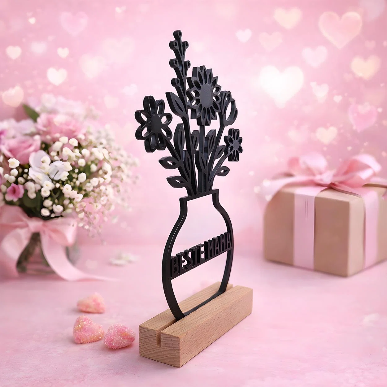 Schwarze Silhouette einer Blumenvase mit verschiedenen Blüten und dem Schriftzug „BESTE MAMA“, aufgestellt in einem hellen Holzsockel. Schräg von vorn vor rosafarbener Geschenkdekoration.