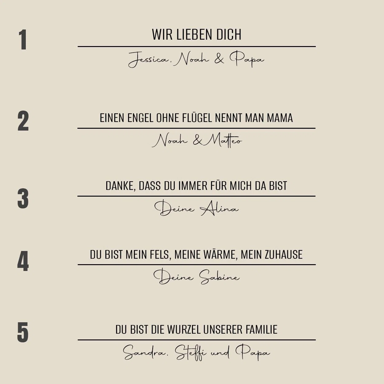 Übersicht mit fünf nummerierten Widmungssprüchen für Mama, darunter „Wir lieben dich“ und „Du bist die Wurzel unserer Familie“. Schwarze Druck- und Schreibschrift auf beigem Grund.