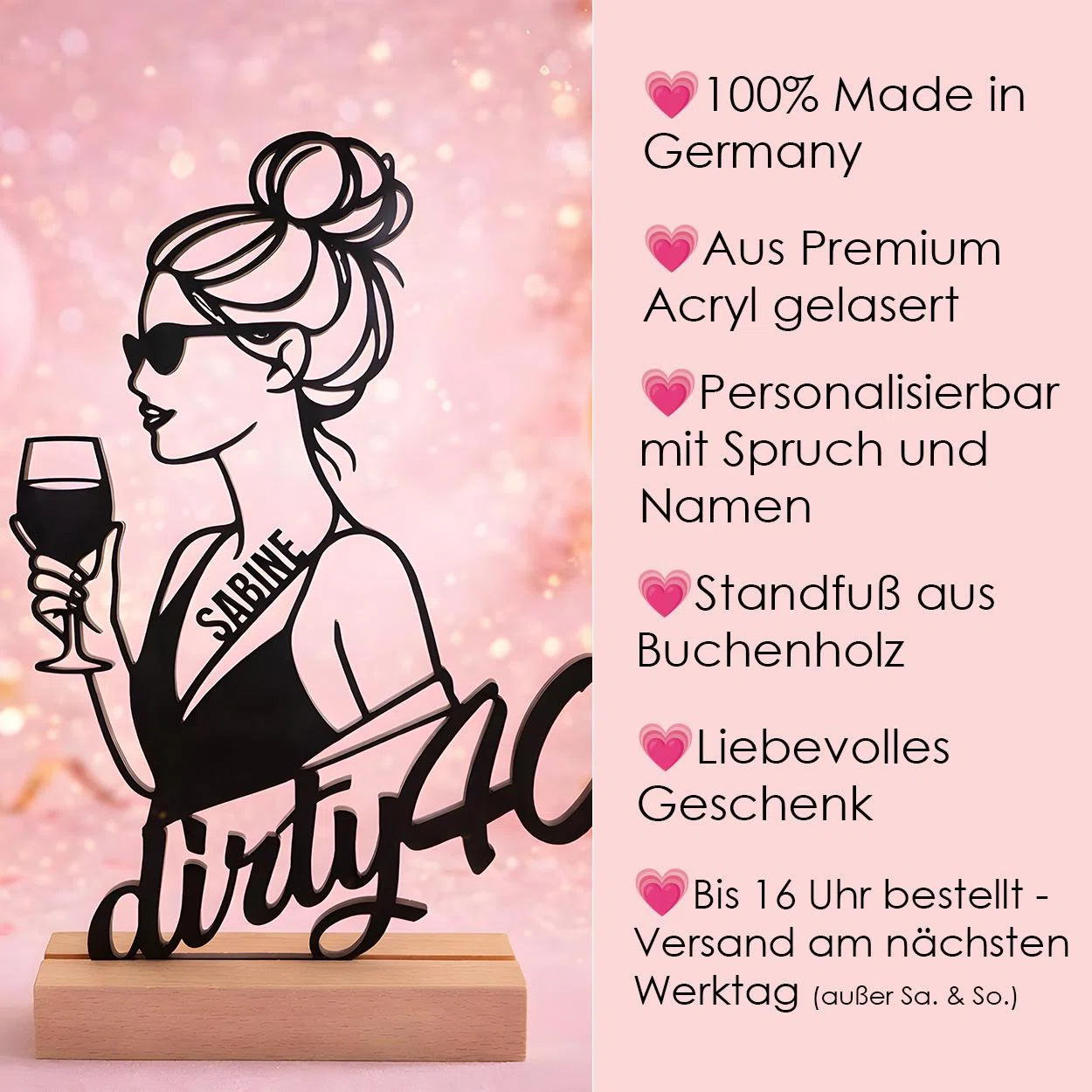 Infografik zu einer personalisierbaren Acryl-Dekoration mit Spruch und Namen: in Deutschland gelasert und mit Buchenholz-Standfuß. Bestellungen bis 16 Uhr werden laut Übersicht am nächsten Werktag versandt.